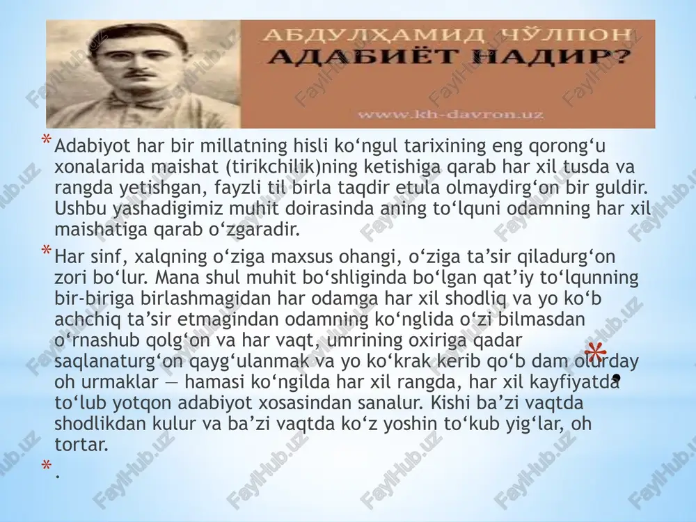 obolarining bir ma’shuqa uchun qoshg‘ar taraflariga yayov borganini va yo‘lda o‘g‘rilar tarafidan o‘lturulgani g‘oyat yaxshi ohang bilan aytilur. ul vaqtda bola ta’sirindan uxlab ketar. shunga o‘xshash o‘zining shavkat va g‘ayrati ila zamonasida butun dunyoni havor va dahshatga solg‘on jahongirlarning o‘tkazgan kunlarin va davrlarin tarixlarda ko‘rsa va eshitsa har kishi yuragida bir botirliq va bir fidokorlik his etar va qahramonona umidlarda bo‘linur. . mana shunday qahramonona umid, qahramonona his va qahramonona g‘ayrat —barchalari tarixiy adabiyotning natijasidan boshqa narsa emasdir. hech to‘xtamasdan harakat qilub turg‘on vujudimizga, tanimizga suv-havo ne qadar zarur bo‘lsa, maishat yo‘lida har xil qora kirlar ila kirlangan ruhimiz uchun ham shul qadar adabiyot kerakdir. adabiyot yashasa — millat yashar. adabiyoti o‘lmag‘on va adabiyotining taraqqiysiga chalishmagan va adiblar yetishdirmag‘on millat oxiri bir kun hissiyotdan, o‘ydan, fikrdan mahrum qolub, sekin-sekin inqiroz bo‘lur. muni inkor qilib bo‘lmas. inkor qilg‘on millat o‘zini inqirozda ekanun bildirur. . bizdan boshqa millatlarga ko‘z solsak ko‘ramizki, alarning …