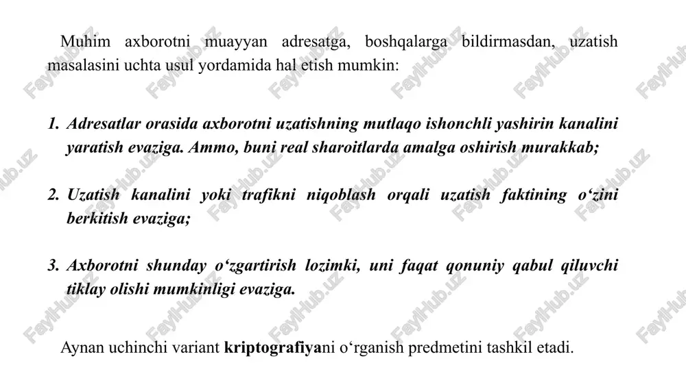 – bu algoritm va kalit asosida aniq matnni kriptografik o‘zgartirishni odatda qo‘llash jarayoni, natijada shifrlangan matn. aks shifrlash (deshirrlash)- bu oddiy matnga shifrlangan matnni kriptografik usulda konvertatsiya qilishning normal jarayoni. kriptografiyaning asosiy tushunchalari kriptotahlil – bu ma’lumotlarning maxfiyligi va yaxlitligini buzishning matematik usullarini o‘rganadigan fan. kriptotahlilchi – bu kriptanaliz usullarini yaratuvchi va qo‘llaydigan olim. kriptografik hujum – bu kriptoanalizatorning hujumga uchragan xavfsiz ma’lumot almashish tizimida og‘ishlarni keltirib chiqarishga urinishi kriptografiyaning asosiy tushunchalari kriptobardoshlik- bu kriptografik algoritmning kriptoanalizga qarshi turish qobiliyati. kodlash – ma’lumotlarni osongina asliga qaytarish uchun hammaga (hattoki hujumchiga ham) ochiq bo‘lgan sxema yordamida ma’lumotlarni boshqa formatga o‘zgartirish. kodlash ma’lumotlardan foydalanish qulayligini ta’minlash uchun amalga oshiriladi va hamma uchun ochiq bo‘lgan sxemalardan foydalanadi. steganografiya – bu maxfiy xabarni sohta xabar ichiga berkitish orqali aloqani yashirish hisoblanadi. boshqacha aytganda, steganografiyaning asosiy g‘oyasi - maxfiy ma’lumotlarning mavjudligi haqidagi shubhani oldini olish. kriptografiyaning asosiy tushunchalari kriptotizimni ikki tarkibli algoritm va kalitdan iborat …