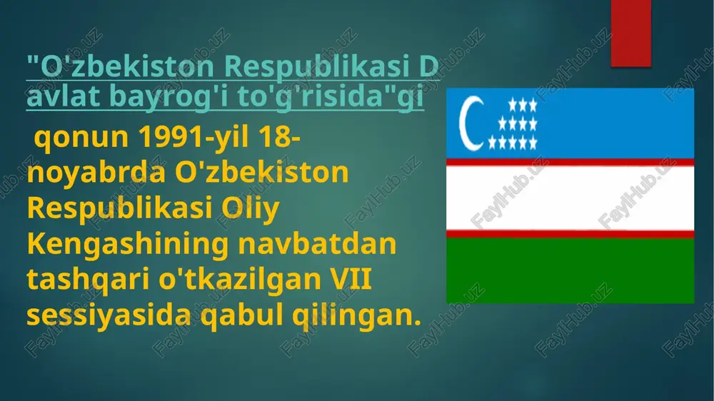 oniy, ilohiy timsol sanalgan. o'zbekiston respublikasi davlat bayrog'idagi 12 yulduz tasviri ham tarixiy an'analarimiz, qadimgi yilnomamizga bevosita aloqador. bizning o'n ikki yulduzga bo'lgan e'tiborimiz o'zbekiston sarhadidagi qadimgi davlatlar ilmiy tafakkurida nujum ilmi taraqqiy etganligi bilan ham izohlanadi. etiboringiz uchun raxmat image6.gif image7.gif image8.jpeg image2.png image3.png image4.png image5.png /docprops/thumbnail.jpeg