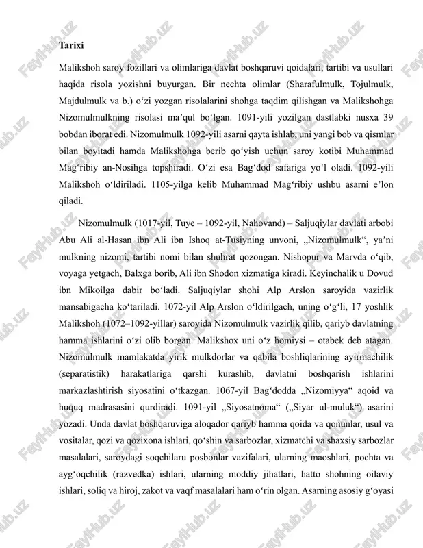 pur va marvda oʻqib, voyaga yetgach, balxga borib, ali ibn shodon xizmatiga kiradi. keyinchalik u dovud ibn mikoilga dabir boʻladi. saljuqiylar shohi alp arslon saroyida vazirlik mansabigacha koʻtariladi. 1072-yil alp arslon oʻldirilgach, uning oʻgʻli, 17 yoshlik malikshoh (1072–1092-yillar) saroyida nizomulmulk vazirlik qilib, qariyb davlatning hamma ishlarini oʻzi olib borgan. malikshox uni oʻz homiysi – otabek deb atagan. nizomulmulk mamlakatda yirik mulkdorlar va qabila boshliqlarining ayirmachilik (separatistik) harakatlariga qarshi kurashib, davlatni boshqarish ishlarini markazlashtirish siyosatini oʻtkazgan. 1067-yil bagʻdodda „nizomiyya“ aqoid va huquq madrasasini qurdiradi. 1091-yil „siyosatnoma“ („siyar ul-muluk“) asarini yozadi. unda davlat boshqaruviga aloqador qariyb hamma qoida va qonunlar, usul va vositalar, qozi va qozixona ishlari, qoʻshin va sarbozlar, xizmatchi va shaxsiy sarbozlar masalalari, saroydagi soqchilaru posbonlar vazifalari, ularning maoshlari, pochta va aygʻoqchilik (razvedka) ishlari, ularning moddiy jihatlari, hatto shohning oilaviy ishlari, soliq va hiroj, zakot va vaqf masalalari ham oʻrin olgan. asarning asosiy gʻoyasi shundan iboratki, vazir nizomulmulk shoh va …