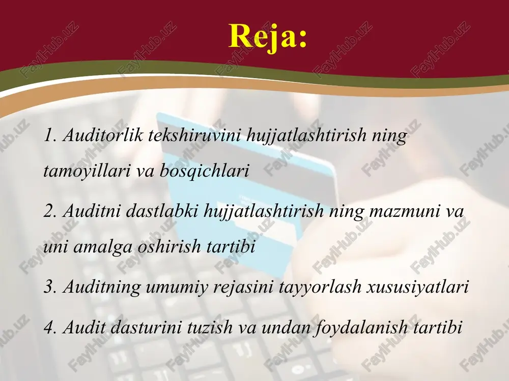 ivlariga amortizatsiya hisoblash jarayonining qonuniyligi va to'g'ri hisoblanganligini tekshirish 16.03.2022 alimov m., aliev s, ma'murov b, axmedov k. hujjatlashtirish, solishtirish-taqqoslash, tahlil, baholash, kalkulyatsiya, korxona mas'ul (moddiy-javobgar) shaxslari qatnashishlari shart 5 korxona mulk(asosiy vosita, nomoddiy aktiv, tmz va moliyaviy qo'yilmalar)ini baholanishi va asosiy vositalarini ta'mirlash jarayonining to'g'riligi va qonuniyligini tekshirish 16.03.2022 alimov m., aliev s, ma'murov b, axmedov k. hujjatlashtirish, solishtirish-taqqoslash, tahlil, baholash, kalkulyatsiya, tahliliy amallar korxona mas'ul (moddiy-javobgar) shaxslari qatnashishlari shart 6 korxona xususiy kapitalini shakllanishi, foydalanilishi va taqsimlanishi jarayonini to'g'riligi va qonuniyligini tekshirish 17.03.2022 alimov m., aliev s, ma'murov b, axmedov k. hujjatlashtirish, solishtirish-taqqoslash, inventarizatsiya, savolnoma yoki testlashdan o'tkazish, skanerlash, moliyaviy tahlil auditorlik guruhining rahbari (imzo va muhr) alimov m. 7 korxona kreditorlik majburiyatlarining shakllanishi, baholanishi va hisobga olinishi jarayonining to'g'riligi va qonuniyligini tekshirish 18.03.2022 ashurov a, vasiev a. hujjatlashtirish, solishtirish-taqqoslash, inventarizatsiya, savolnoma yoki testlashdan o'tkazish, skanerlash, tahliliy amallar korxona bosh hisobchisi qatnashishi shart 8 korxona moliyaviy natijalarini shakllanishi, …