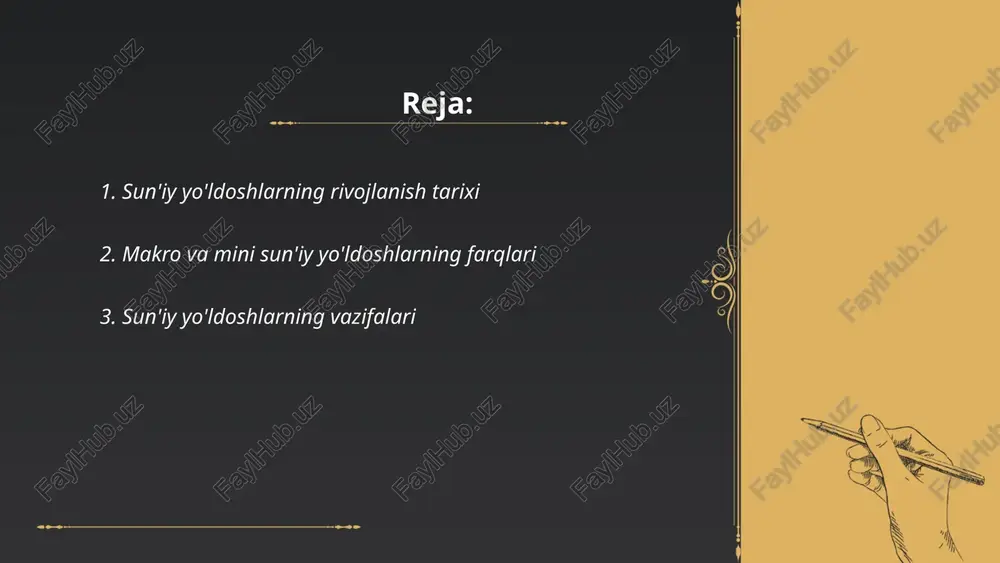 500 kg dan kam bo'lib, ishlab chiqarish va uchirish xarajatlari past. shu sababli, ko'p sonli mini sun'iy yo'ldoshlarni ("kichik o'rdaklar") bir vaqtning o'zida orbitaga chiqarish mumkin. ular aloqa, kuzatuv va ilmiy tadqiqotlar uchun qoʻllaniladi. texnologik rivojlanish ular tezkor ravishda yangilanib turishini taʼminlaydi. mini sun'iy yo'ldoshlar koinotda sinov va innovatsiyalar uchun ham yaxshi imkoniyatlar yaratadi. ular yerning ma'lum hududlarini doimiy ravishda kuzatish imkonini beradi va ma'lumotlarni yangilash tezligini oshiradi. ... t.me/slaydai_bot sun'iy yo'ldoshlarni uchirish usullari yuqoridagi kabi kosmik texnologiyalarning rivojlanishi bilan diversifikatsiya qilingan. raketa tashuvchilar sun'iy yo'ldoshlarni orbitaga chiqarishdagi eng an'anaviy usul hisoblanadi. falcon 9 va atlas v kabi raketalar turli og'irlikdagi sun'iy yo'ldoshlarni turli orbitaga chiqara oladi. shu bilan birga, havo orqali uchirish texnikasi, masalan, pegasus raketasi yordamida, atmosferaning yuqori qatlamlaridan uchiriladi. yaponiyaning epsilon va hindistonning pslv raketalari ham xalqaro sun'iy yo'ldoshlarni uchirish uchun ishlatiladi. so'nggi yillarda, kichikroq sun'iy yo'ldoshlar uchun kema asosidagi uchirish usullari ham rivojlanmoqda, bu arzonroq va …