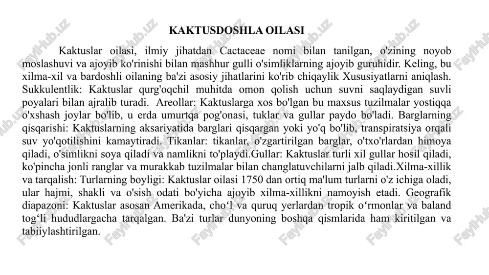 ik ahamiyati: asosiy tosh turlari: kaktuslar turli xil hayvonlar, jumladan hasharotlar, qushlar va sutemizuvchilar uchun oziq-ovqat va boshpana bilan ta'minlaydigan ko'plab cho'l ekotizimlarida asosiy tosh turlari sifatida muhim rol o'ynaydi. tuproqni barqarorlashtirish: ularning keng ildiz tizimlari qurg'oqchil muhitda tuproq eroziyasini oldini olishga yordam beradi. uglerodni singdirish: kaktuslar uglerod sekvestratsiyasiga hissa qo'shadi, karbonat angidridni to'qimalarida saqlaydi va iqlim o'zgarishini yumshatishga yordam beradi. iqtisodiy va madaniy ahamiyati: oziq-ovqat va manbalar: ba'zi kaktuslar tikanli nok va ajdaho mevalari kabi qutulish mumkin bo'lgan mevalar va poyalarni taklif qiladi. boshqalar tolalar, qurilish materiallari va dorivor birikmalar bilan ta'minlaydi. ko'p sonli stamenslarni ko'rsatuvchi kaktus gulining (echinopsis spachiana) yaqin plandagi surati. kaktuslarning ko'p turlari uzun, o'tkir tikanlarga ega. kaktusdoshlar oilasining morfologiyasi kaktuslar oilasining morfologiyasi: kaktuslar oilasi (cactaceae) qurg'oqchil va qiyin sharoitlarda rivojlanishiga imkon beruvchi ajoyib morfologik moslashuvlarni namoyish etadi. keling, kaktus morfologiyasining ajoyib dunyosiga kirib boramiz: poyasi: sukkulentlik: kaktuslarning o'ziga xos xususiyati suvni saqlash organi bo'lib xizmat …