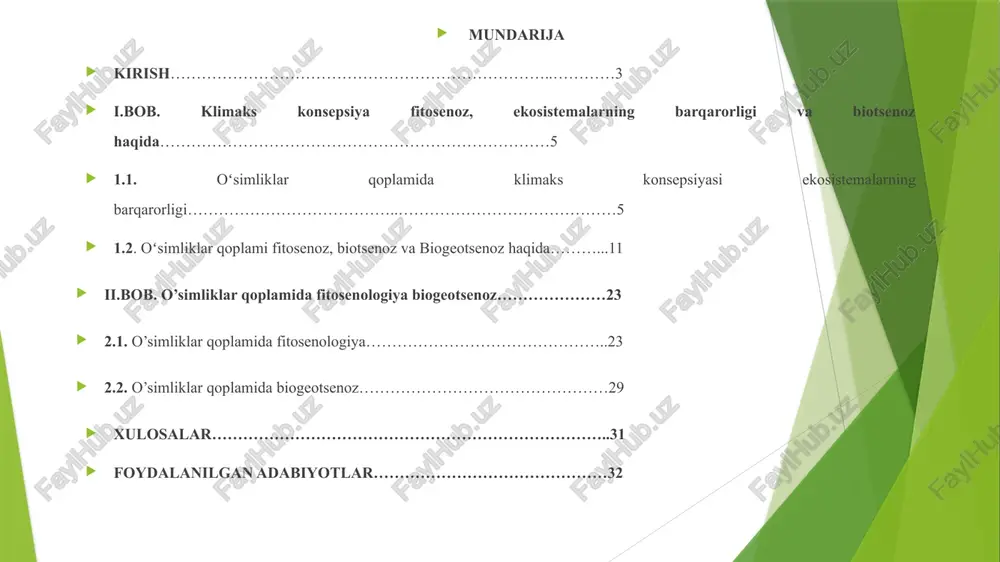 uammolari bilan shug’ullanadi. i.bob. klimaks konsepsiya fitosenologiya 1.1. oʻsimliklar qoplamida klimaks konsepsiyasi ekosistemalarning barqarorligi alfa xilma-xillik, beta xilma-xillik va gamma xilma-xillik muayyan bir xududda uchraydigan barcha o‘simlik turlarining xilma xillik darajasi alfa xilma-xillik deb yuritiladi. har bir xudud o‘zining shart sharoitlari bilan bir biridan farq qiladi va har xil o‘simlik turlarining o‘sishiga sabab bo‘ladi. turlar soni (tuplar soni emas) qanchalik ko‘p bo‘lsa, alfa xilma-xillik shunchalik yuqori hisoblanadi va aksincha, qanchalik kam bo’lsa, shunchalik past bo’ladi. beta xilma xillik bu - muayyan xududdagi o‘simlik jamoalarining (turlarining emas) xilma- xilligi hisoblanadi. bunda har xil ekologik sharoitlar yoki ularning tabiiy yoki antropogen ta’sir natijasida tez tez o‘zgarib turishi yangi va har xil turli-tuman o‘simlik jamoalarining shakllanishiga olib keladi. qanchalik ta’sir kuchli va xilma-xil bo‘lsa, beta xilma-xillik shunchalik yuqori bo‘ladi. ayniqsa, shahar va qishloqlarga yaqinlashgan va ichkariga kirgan sari beta xilma-xillik ortib, alfa xilma xillik pasayadi va buning aksi holatida, yani antropogen bosim va …