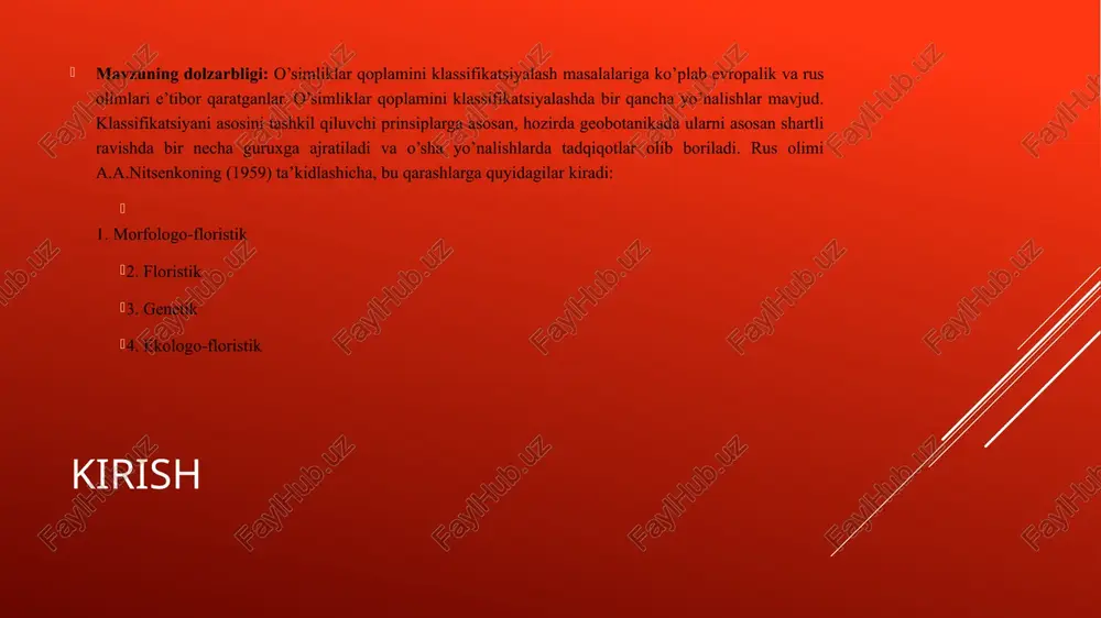 qoplamini klassifikatsiyalash (sintaksonomiya) – gebotanikaning eng asosiy bo’limlaridan biri hisoblanadi. sintaksonomiya atamasi faqat o’simliklar jamoalarini tartibga solish uchun qo’llanildi. klassifikatsiya yoki sintaksonomiya – muayyan bir aniq xududdagi barcha xilma-xil o’simliklar jamoalarini bir-biriga bo’ysinuvhi ierarxik klassifikatsion mezonlarga asosan taqsimlanish jarayonidir. unga ko’ra muayyan xududdagi barcha o’simliklar jamoalari tur tarkibi, morfologik va floristik jihatdan tartibga solinadi. bunda jamoalarni tartibga solishda jamoalarni ifodalovchi sintaksonlardan foydalaniladi. geobotanikada jamoalarni belgilovchi eng kichik strukturaviy birlik sifatida – assosiatsiyalar qabul qilingan. o’simliklar qoplamini klassifikatsiyalashda rus olimlaridan v.n.sukachev, p.d.yaroshenko, a.p.shennikov, b.b.alyoxinlarning xizmati katta. assosiatsiya – bir xil yashash joyida o’xshash sharoitga, dominant o’simliklarning oxhshash tashqi qiyofasiga (hayotiy shakl) ega, muayyan floristik tarkibga ega bo’lgan o’simliklar jamoasi hisoblanadi. avval ta’kidlanganidek, assosiatsiya eng asosiy strukturaviy birlik hisoblanib, katta sintaksonlar aynan uning xususiyatlari, tuzilishi va tarkibiga qarab aniqlanadi. o’simliklar jamoalarini klassifikatsiyalash muxim nazariy va amaliy ahamiyatga ega. assosiatsiyalar tarkibida barcha yaruslarda o’xshash dominantlar uchraydi, oxshash tarkibga ega bo’ladi. o’xshash assosiatsiyalar assosiatsiyalar …