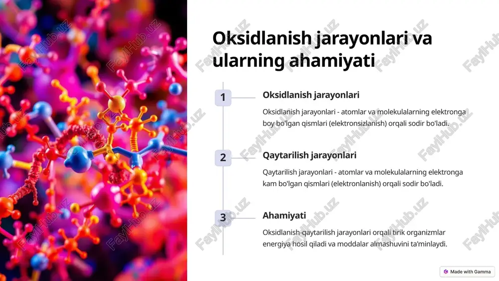 ya hosil qiladi. 5 fotosintez jarayonida oksidlanish-qaytarilish yorug'lik energiyasi fotosintez jarayonida quyosh nuri energiyasi ishlatiladi. suv va karbonat angidrid fotosintez jarayonining substrati sifatida foydalaniladi. kislorod ajralishi fotosintez natijasida kislorod ajralib chiqadi. glukoza sintezi fotosintez jarayonida glukoza hosil bo'ladi. 6 biologik oksidlanish va energiya almashinuvi 1 oksidlanish jarayoni organizmlar oksidlanish jarayonlari orqali energiya oladi. 2 atp sintezi oksidlanish natijasida hosil bo'lgan energiya atf sinteziga sarflanadi. 3 energiya almashinuvi atf energiya manbayi bo'lib, u organizmlar tomonidan ishlatiladi. 7 biologik oksidlanish jarayonlari va xatoliklar 1 oksidlanish stressi haddan ziyod oksidlanishlar natijasida zararli erkin radikallar hosil bo'ladi. 2 antioksidantlar organizmlar erkin radikallarni neytrallaydigan antioksidant moddalar ishlab chiqaradi. 3 xatoliklar oksidlanish-qaytarilish jarayonlarida yuz beradigan xatoliklar turli kasalliklarga sabab bo'ladi. 8 oksidlanish-qaytarilish reaksiyalari va sog'liq oksidlanish-qaytarilish muvozanati organizmning sog'liklini ta'minlaydi oksidlanish stressi turli kasalliklarning paydo bo'lishiga olib keladi antioksidantlar oksidlanish stressini kamaytiradi va organizm sog'lig'ini yaxshilaydi 9 xulosa va tavsiyalar xulosa biologik oksidlanish - tirik organizmlarning …