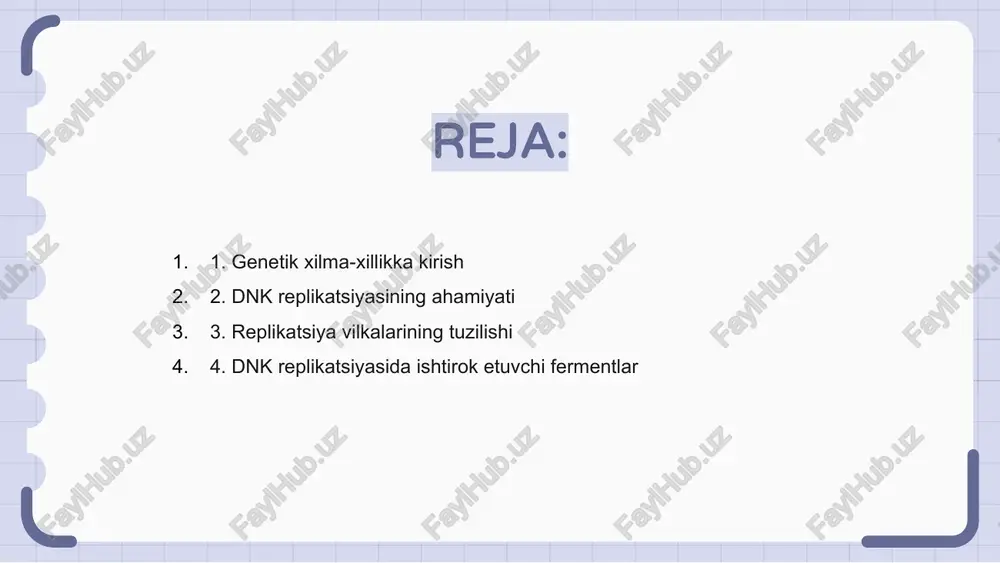 va har bir ip yangi to'ldiruvchi zanjirning sintezi uchun shablon bo'lib xizmat qiladi. replikatsiya vilkasining tuzilishi yetakchi va orqada qolgan iplarni o'z ichiga oladi, dnk polimeraza fermentlari yangi dnk zanjirlarini sintez qilish uchun qarama-qarshi yo'nalishda ishlaydi. bu jarayon genetik materialning aniq va samarali takrorlanishini ta'minlaydi. 4. dnk replikatsiyasida ishtirok etuvchi fermentlar populyatsiyaning omon qolishi uchun genetik xilma-xillik muhim ahamiyatga ega. dnk replikatsiyasi dnk polimeraza, helikaz, primaz va ligaza kabi bir nechta fermentlarni o'z ichiga oladi. dnk replikatsiyasi qo'sh spiralning spiral tomonidan yechilishi bilan boshlanadi. primase replikatsiya jarayonini boshlash uchun rnk primerlarini sintez qiladi. dnk polimeraza o'sayotgan ipga nukleotidlarni qo'shadi. ligaza orqada qolgan ipdagi okazaki bo'laklari orasidagi bo'shliqlarni muhrlab qo'yadi. ushbu fermentlar hujayralardagi dnkning aniq va samarali replikatsiyasini ta'minlash uchun birgalikda ishlaydi. 5. yarim konservativ replikatsiya mexanizmi genetik xilma-xillik turlarning omon qolishi va evolyutsiyasi uchun zarurdir. dnk replikatsiyasi genetik ma'lumotlarning yangi hujayralarga aniq uzatilishini ta'minlaydigan asosiy jarayondir. dnk replikatsiyasining eng muhim …