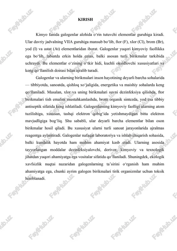 zini tipik tuzlar ftoridlar, xloridlar, bromidlar va iodidlar hosil qilgani uchun berilgan. galogenlarni tashqi energetik pog’onasida ns2np5 elektronlar, ya'ni 7 tadan elektron bo’ladi. qavat to’lishiga bitta elektron yetishmaydi, shuning uchun ftor, xlor, brom va iod kuchli oksidlovchilardir. galogenlar 1ta elektron biriktirib ns2np6 elektron tuzilishga ega bo’ladilar. shuning uchun galogenlar tipik metallmaslardir. ftordan astatga tomon atom radiuslarini ortishi bilan, galogenlarni elektronga moyilligi kamayib boradi, shuning uchun iod va astat elementlarida metallik xossalari namoyon bo’ladi. ftor o’zining birikmalarida faqat –1 oksidlanish darajasini namoyon qila oladi, chunki uning nisbiy elektromanfiyligi juda katta bo’lishi tufayli o’z elektronini boshqa elementlarga bermaydi. qolgan galogenlar esa –1, +1, +3, +5, +7 oksidlanish darajalarini namoyon qiladilar. oddiy sharoitda galogenlar ikki atomdan tashkil topgan molekula holida bo’ladilar. 1. ftorni birikmalari va xossalari ftorni shvetsiyalik olim sheele va frantsiyalik a. muassan kashf etgan. tabiiy ftor 919f izotopi holida bo’ladi. uning uchta sun’iy izotoplari olingan. litosferani 0,066%-ni ftor tashkil etadi. ftorni …