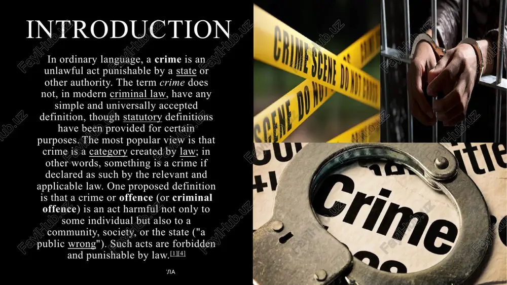 ime which is associated with crime committed by someone of a higher-level social class. these crimes are primarily small scale, for immediate beneficial gain to the individual or group involved in them. examples of blue-collar crime include narcotic production or distribution, sexual assault, theft, burglary, assault or murder. 6 6 violent crime 20xx 7 violent crime is crime that involves an act of violent aggression against another person. common examples of violent crime include homicide, assault, sexual assault, and robbery. some violent crimes, such as assault, may be committed with the intention of causing harm. other violent crimes, such as robbery, may use violence to further another goal. violent crime is distinct from noncriminal types of violence, such as self-defense, use of force, and acts of war. acts of violence are most often perceived as deviant when they are committed as an overreaction or a disproportionate response to provocation. obrazets …