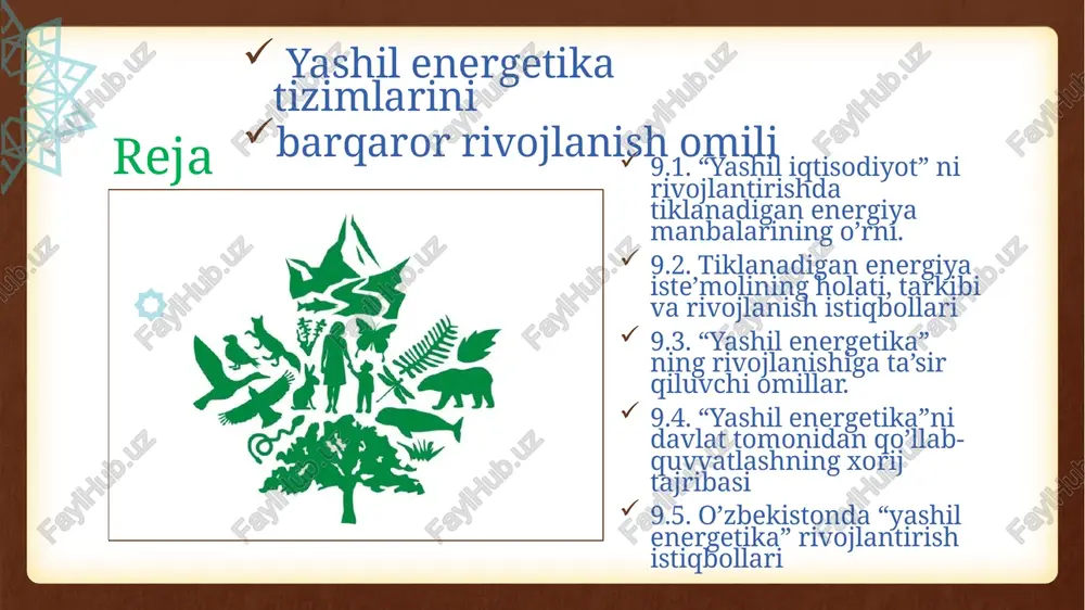 sh joylarini ochadi va iqtisodiyotda barqaror o'sishni ta'minlaydi. 3. energetika xavfsizligini oshirish tiklanadigan energiya manbalariga asoslangan tizimlar, milliy va global energiya xavfsizligini yaxshilashga yordam beradi. energiya importiga bo'lgan qaramlikni kamaytirish, o'z resurslarimizni samarali ishlatish orqali iqtisodiy mustahkamlikni ta'minlash mumkin. 4. tegishli infratuzilmani rivojlantirish tiklanadigan energiya manbalarini ishlatish va ularni samarali boshqarish uchun zamonaviy infratuzilma talab qilinadi. bu esa yangi texnologiyalarni, masalan, energiya saqlash tizimlarini, aqlli tarmoqlarni va smart grid texnologiyalarini ishlab chiqishni rag'batlantiradi. 5. barqaror rivojlanish maqsadlarini qo'llab-quvvatlash tiklanadigan energiya manbalari, shuningdek, barqaror rivojlanishning muhim qismi hisoblanadi. ular energiya samaradorligini oshirish, tabiiy resurslarni saqlash va jahon miqyosida iqtisodiy o'sishni ta'minlashga yordam beradi. bu global barqarorlikka erishish uchun zarur bo'lgan asosiy omil. ilgari yuqori xarajatlar bilan bog'liq bo'lgan tiklanadigan energiya texnologiyalari, hozirda narxlarining tushishi va samaradorligining oshishi bilan iqtisodiy jihatdan raqobatbardosh bo'lib bormoqda. bu, o'z navbatida, ularning keng tarqalishini va yashil iqtisodiyotda muhim rol o'ynashini ta'minlaydi. 6. tiklanadigan energiya manbalarining iqtisodiy …