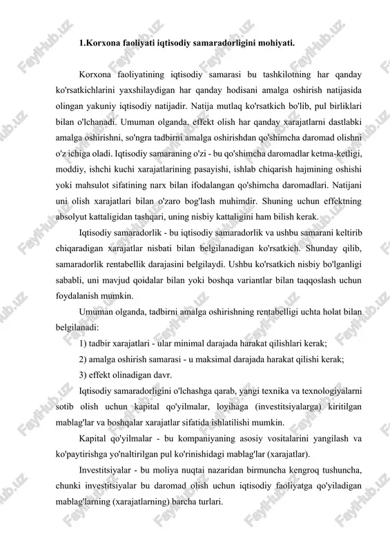 ytirishga yo'naltirilgan pul ko'rinishidagi mablag'lar (xarajatlar). investitsiyalar - bu moliya nuqtai nazaridan birmuncha kengroq tushuncha, chunki investitsiyalar bu daromad olish uchun iqtisodiy faoliyatga qo'yiladigan mablag'larning (xarajatlarning) barcha turlari. yuqoridagilar bilan bog'liq holda, effekt uni olish uchun amalga oshirilgan faoliyatning xususiyatiga qarab turlicha hisoblanadi. effektni hisoblashning umumiy formulasi yo'q. ushbu ta'sirning manbai aniqlanganligi sababli aniqlanadi. agar hisob-kitoblarda voqea sodir bo'lganidan yillik effekt olinadigan bo'lsa va bu odatda yillik bo'lsa, chunki moliyaviy yil korxonaning bir turdagi aylanmasi davri bo'lsa, unda samaraning umumiy miqdorini olish uchun bu effektni keltirgan yillar soniga ko'paytiriladi. korxona faoliyati iqtisodiy samaradorligi har bir korxona faoliyatining eng asosiy vazifasi hisoblanadi. u xo’jalik yuritishning sifat va miqdor ko’rsatkichlarini, shuningdek, buyumlashgan va jonli mehnat xarajatlari hamda olingan natijalar o’rtasidagi munosabatni ifodalaydi. afsuski, bozor sharoitlarida -samaradorlik’ tushunchasi, garchi, daromad olish, xarajatlarni kamaytirish, mehnat samaradorligining o’sishi, fond qaytimi, rentabellik va hokazolar samaradorlik tabiatiga mos kelib, bozor iqtisodiyoti talablariga zid kelmasa-da, baho, foyda, daromad, …