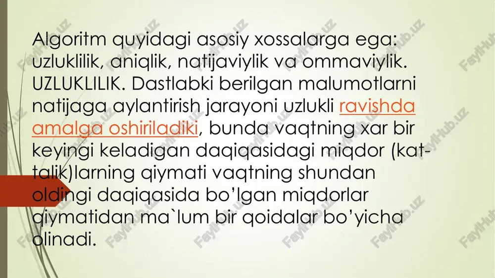 . algoritmni maxsus (algoritmik) tilda yozish. 2.1 algoritmni oddiy tilda ifodalash https://muhaz.org/1-amlaiy-ish-nazariy-qism-iso-27002.html https://muhaz.org/1-amlaiy-ish-nazariy-qism-iso-27002.html https://muhaz.org/1-amlaiy-ish-nazariy-qism-iso-27002.html https://muhaz.org/1-amlaiy-ish-nazariy-qism-iso-27002.html https://muhaz.org/1-amlaiy-ish-nazariy-qism-iso-27002.html  algoritmlarni ifodalashning eng keng tarqalgan shakli - oddiy tilda so’zlar bilan bayon qilishdir. bu nafaqat hisoblash algoritmlarida, balki hayotiy, turmushdagi "algoritm"larga ham tegishlidir. masalan, biror bir taom yoki qandolat mahsulotini tayyorlashning retsepti ham oddiy tilda tavsiflangan algoritmdir. shaharlararo telefon - avtomat orqali aloqa o’rnatishning o’ziga xos algoritmidan foydalanasiz. do’kondan yangi kir yuvish mashinasi yoki magnitofon sotib olinsa, ishni foydalanishning algoritmi bilan tanishishdan boshlaymiz. masalani kompyuterda echishda ham, ko’pincha matematika tilini ham o’z ichiga olgan tabiiy tildan foydalanish mumkin. algoritmning bunday tildagi yozuvi izlanayotgan natijaga olib keladigan amallar ketma-ketligi ko’rinishida bo’lib, odam tomonidan bir ma'noli idrok etilishi kerak. so’zlar bilan ifodalangan har bir amal “algoritmning qadami” deb ataladi. qadamlar tartib nomeriga ega bo’ladi. algoritm ketma-ket, qadam-ba qadam bajarilishi kerak. agar algoritm matnida "n sonli qadamga o’tilsin" deb yozilgan bo’lsa, bu algoritmning bajarilishi ko’rsatilgan n- …