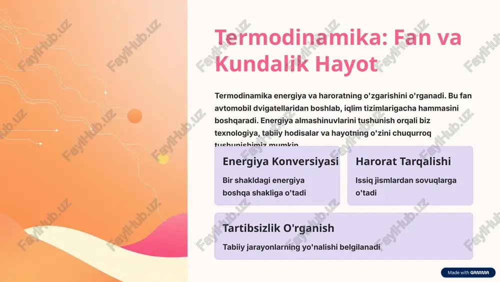 yoki 0 k) — eng past mumkin bo'lgan harorat. bu nuqtada zarrachalarning kinetik energiyasi minimal bo'ladi. 02 erga erishib bo'lmaydi uchinchi qonun mutlaq nolga erishuning imkonsiz ekanligini aytadi. cheksiz ko'p qo'llaniladigan energiya zarur bo'lardi. 03 entropiya va tartibsizlik mutlaq nol temperaturada entropiya minimal qiymatiga yaqinlashadi. ammo hech qachon nolga tenglashmaydi. 6 termodinamika muhandislikda: dvigatellar va sovutish issiq dvigatellar issiq dvigatellar termodinamikaning birinchi qonuniga asoslanadi. yonilg'i yoqilganda energiya mehanik ishga aylanadi. ikkinchi qonun dvigatelning samaradorligini cheklab qo'yadi. sovutish tizimlari sovutish apparatlari issiqni bir joydan boshqa joyga o'tkazadi. ular termodinamika qonunlarini teskari yo'nalishda ishlataadi. energiya sarflab, sovuq hosil qiladilar. 7 termodinamika tirik organizmlarda hayot energiyasiz imkonsiz. har bir tirik organizmda termodinamika qonunlari amalga oshadi. ovqat energiyaga aylanadi, issiqlik ajralib chiqadi, tartibsizlik ortadi. energiya almashinuvi qand va oqsillar sitochondriyalarda parchalanib, atp energiyasiga aylanadi issiqlik ishlab chiqarish insan tanasi doimiy 37°c haroratni saqlaydi — energiya sarflaydi entropiya va o'lim organizmning tarkibidagi tartib vaqt o'tishida …