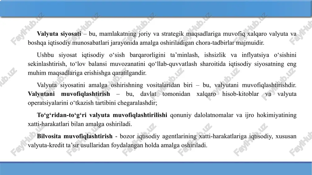 hgan muassasasi, aʼzo mamlakatlarning valyuta hamkorligini amalga oshiradigan xalqaro tashkilot. 1944-yilda brettonvuds (aqsh) da oʻtkazilgan xalqaro valyuta-moliya kongressida jahon banki bilan bir vaqtda taʼsis etilgan 1947-yil mart oyidan oʻz faoliyatini boshlagan. 191 mamlakat aʼzo. shtabkvartirasi vashingtonda. xalqaro valyuta jamgʻarmasi (international monetary fund, imf) xalqaro tashkilot boʻlib, makroiqtisodiy siyosat yurgizadi, butunjahon moliyaviy tizimini nazorat etadi. uning maqsadlariga xalqaro valyuta kurslarini barqarorlashtirish, iqtisodiy qoidalarni liberallashtirish shartlari bilan aʼzo mamlakatlarga qarz, moliyaviy yordam berish kiradi. shtab-kvartirasi vashington shahrida joylashgan. valyuta siyosatining quyidagi shakllari mavjud: diskont; deviz (valyuta intervensiyasi); devalvatsiya, revalvatsiya va denominatsiya; valyuta cheklovlari; valyuta kursi rejimlari; valyuta rezervlarini diversifikatsiya qilish; valyuta konvertatsiya shartlarini o’zgartirish. valyuta siyosati maqsad va amalga oshirish muddatiga koʻra tarkibiy va joriyga vsga boʻlinadi. tarkibiy valyuta siyosati- jahon valyuta tizimi tarkibini oʻzgartirishga qaratilgan uzoq muddatli tadbirlar majmuidir. joriy valyuta siyosati- valyuta kursi, valyuta operatsiyasi, valyuta bozorining faoliyati va oltin bozorini qisqa vaqtda tezkorlik bilan boshqarishdir. diskont (foiz stavkasi) siyosati. …