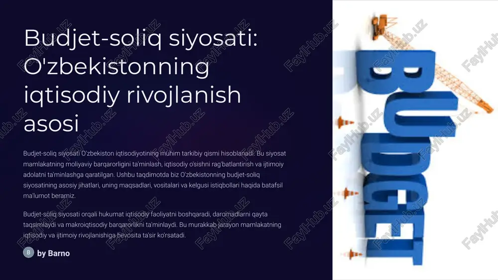 i va boshqalar bojxona to'lovlari 10% import va eksport bojlari boshqa manbalar 15% davlat mulkidan foydalanish, jarimalar va boshqalar 4 soliq tizimining tuzilishi va islohotlar 1 2019-yil: soliq kodeksining yangi tahriri yangi soliq kodeksi qabul qilindi, bu soliq tizimini soddalashtirish va shaffoflikni oshirishga qaratilgan edi. kodeks soliq to'lovchilar huquqlarini kengaytirdi va soliq ma'muriyatchiligi tartib-qoidalarini takomillashtirdi. 2 2020-2021: raqamli soliq xizmatlari soliq to'lovchilar uchun onlayn xizmatlar kengaytirildi. elektron hisob-fakturalar, soliq deklaratsiyalarini onlayn topshirish tizimi joriy etildi. bu soliq yig'ish samaradorligini oshirdi va korrupsiya xavfini kamaytirdi. 3 2022-2023: soliq nazorati tizimini takomillashtirish risk tahlili asosidagi soliq tekshiruvlari tizimi joriy etildi. bu soliq to'lovchilar uchun ma'muriy yukni kamaytirdi va soliq organlarining samaradorligini oshirdi. shuningdek, soliq nizolarini ko'rib chiqish tizimi takomillashtirildi. 5 davlat byudjeti xarajatlarining tuzilishi ijtimoiy soha byudjet xarajatlarining eng katta qismi ijtimoiy sohaga yo'naltirilgan. bu ta'lim, sog'liqni saqlash, ijtimoiy himoya va madaniyat sohalarini o'z ichiga oladi. ta'lim sohasiga alohida e'tibor qaratilib, maktablar …
