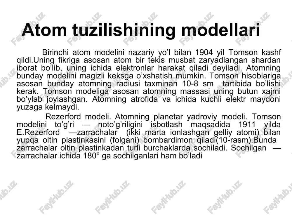 chun ham bu holat atomlarning statsionar holati deyiladi. ikkinchi postulati: elektronlar statsionar orbitalarda uzlukli (kvantlangan) impuls momentiga ega bo’ladi. n=1,2,3,… (1) bu formulada m0 - elektronning tinchikdagi massasi υ - uning tezligi, r - orbita radiusi, h - plank doimiysi, n = 1,2,3,... butun sonlarga teng bo’ladi va orbitalar tartibini xarakterlaydi. uchinchi postulati: elektron bir statsionar orbitadan ikkinchi statsionar orbitaga o’tganda, atomda energiya nurlanib chiqadi, (elektron yuqori orbitadan quyi orbitaga o’tganda), yoki energiya yutiladi (elektron quyi orbitadan, yuqori orbitaga o’tganda). ajralgan yoki yutilgan energiya porsiyasi kvant-foton ko’rinishida bo’lib, uning energiyasi: h = em- en ; 2 h n r m 0 p = u