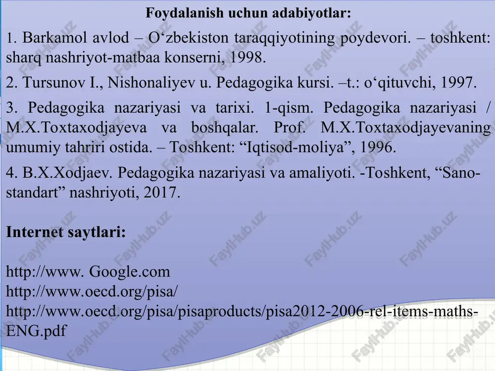 umumiy o’rta ta’lim muassasalarida o’qitish va ta’lim olish muhitini hamda o’qituvchilarning ish sharoitlarini o’rganish xalqaro baholash dasturlarining ahamiyati nimada? ta’lim sifatini baholash xalqaro tadqiqotlarida ishtirok etish o‘zbekistonga nima beradi? milliy ta’lim tizimini isloh qilish, ta’lim mazmunini, pedagog kadrlar tayyorlash va ularning malakasini oshirish dasturlarini takomillashtirish hamda mutaxassislar tomonidan darsliklarning yangi avlodini yaratishda qo‘llaniladi tadqiqotlarda olingan natijalar mamlakatdagi ta’lim sifati va uning xalqaro standartlarni hisobga olgan holda egallagan o‘rni to‘g‘risida xulosalar chiqarish imkonini beradi xalqaro tadqiqotlar ta’lim sohasidagi milliy tadqiqotlarni sifatli o‘tkazishga ijobiy ta’sir ko‘rsatadi xalqaro standartlar darajasida yuqori iqtisodiy samaraga asoslangan milliy baholash tizimini yaratish imkonini beradi. xalqaro standartlar darajasida yuqori iqtisodiy samaraga asoslangan milliy baholash tizimini yaratish imkonini beradi o‘zbekistonda turli tashkilotlarning yetakchi mutaxassislarini jalb qilgan holda xalqaro tadqiqotlarda ishtirok etish orqali mahalliy mutaxassislarimizda monitoring tadqiqotlarini o‘tkazish madaniyati rivojlanadi, ta’lim sifatini baholashning xalqaro standartlarga moslashuviga olib keladi. qanday xalqaro baholash dasturlari mavjud? pisa – o‘quvchilarni ta’limiy yutuqlarini baholash xalqaro …