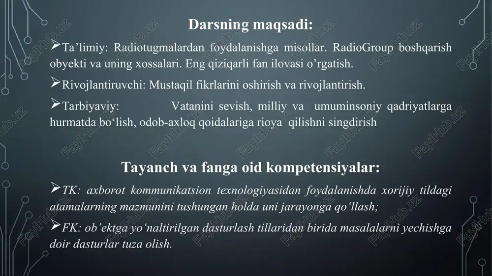 biri shu paytgacha uchramagan items (variantlar)dir. objectinspektor da bu xossani ikki marta bosib tanlaymiz. bunda ekranda uning muloqot darchasi paydo bo‘ladi. unga radiotugma uchun variantlarning nomlari ro‘yxatini kiritish mumkin. radiogroupning yana bir muhim xossasi itemindex (variant indeksi) bo‘lib, unda tanlangan variantning nomeri saqlanadi. agar hech bir variant tanlanmagan bo‘lsa, bu xossa qiymati –1 ga teng bo‘ladi. bu obyektning ham caption xossasi bo‘lib, unga sarlavha kiritiladi. radiogroup xossalaridan biri columns (ustunlar) deb ataladi. bu xossa radiotugmalar guruhining variantlari nechta ustun bo‘lib joylashishini ko‘rsatadi. 1-amaliy mashg`ulot: qiziqarli fan ilovasi ilovada 1 ta label, 2 ta button va 1 ta radiogroup obyektlaridan foydalaniladi. label obyektining caption xossasi o`chirib tashlanadi va u radiogroup obyektining tagiga joylashtiriladi. button obyektlarining caption xossasi mos ravishda ok va natijalar so`zlariga o`zgartiriladi. radiogroup obyektining caption xossasi fan so`ziga o`zgartiriladi. items xossasiga esa 4 ta fanning nomi (matematika, fizika, kimyo, informatika) kiritiladi. ilovaning tashqi ko`rinishi quyidagicha: amaliy mashg`ulot: qiziqarli fan …