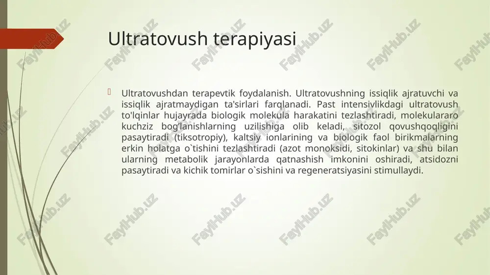 ial qavatlar, bo’g’im menisklari va suyak usti pardasi- elastikligini oshiradi va fiziologik kuchlanishni kengaytiradi. to'qimalarning isishi boylam va paylarning termo-mexanik sezuvchan tuzulmalarini funksional xususiyatini modulyatsiya qiladi, fantom og'riqlarni susaytiradi va mushaklarning spazmini kamaytirishga yordam beradi. qon tomirlarining mahalliy kengayishi tufayli mikrosirkulyar oqimda zaif tomirlangan to'qimalarda qon oqimi(2-3 marta) oshadi, ularning kislorodga to’yinish darajasi oshadi va metabolizmning intensivligi kuchayadi, bu esa biriktiruvchi to'qimalarining o'sishiga olib keladi. qo'llash mumkin bo'lmagan holatlar. yomon sifatli o’smalar, faol fazadagi o'pka sil kasalligi, yurak ishemik kasalligi, zo’riqish stenokardiyasi iii fs, gipotenziya, vegeto tomir disfunktsiyasi, homiladorlikning erta davrlari (qorinning pastki 1/3 qismini nurlantirishda), tromboflebit, ta'sir sohasida sun'iy ritm boshqaruvchi mavjudligi. davo samarasi. reparativ-regenerativ, fibromodulyatsiyalovchi, katabolik (past-intensiv ultratovush terapiyasi), spazmolitik, defibrozlovchi, bakteriostatik (yuqori intensiv ultratovush terapiyasi) ta’sir ko’rsatadi. ko’rsatma. bo`g`imlarning (kuchli og'riq sindromi bilan) travmatik va degenerativ-distrofik kasalliklari (artrit, chiqishlar, osteoartroz, periartrit, epikondilit), ichki organlarning kasalliklari (surunkali bronxit, plevrit, o`t yo`llarining diskineziyasi), mushaklarning uzilishi, periferik nervlarning yallig'lanish kasalliklari …