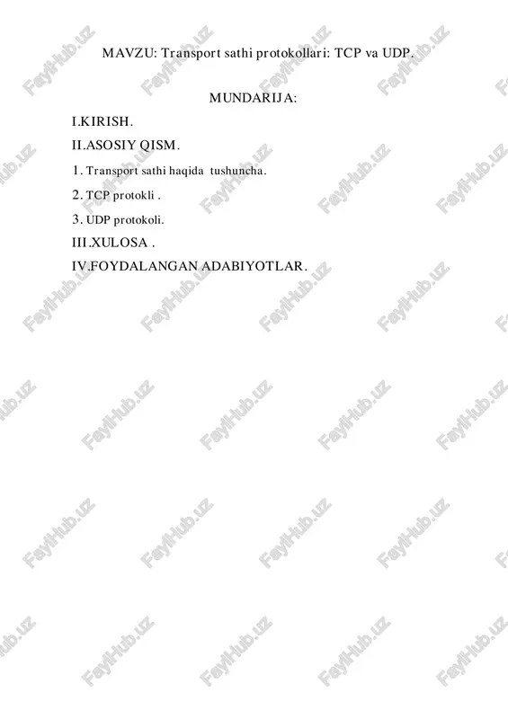 raqamiga ega bo‘lib, bu orqali ma'lumot to‘g‘ri dasturga yetkaziladi. 1-rasm.tarmoq sathi . transport sathidagi asosiy protokollar quyidagilar : tcp ishonchli, bog‘lanishga asoslangan, tartib va xatolarsiz yetkazadi. udp ishonchsiz, tezkor, ammo xatolar ehtimoli bor (video/audio uchun). 2. tcp protokli. tcp (transmission control protocol) — bu transport sathidagi eng muhim va keng qo‘llaniladigan protokollardan biridir. u ishonchli, bog‘lanishga asoslangan (connection-oriented) protokol bo‘lib, ma’lumotlarni tarmoq orqali uzatishda har bir bitning to‘g‘ri va to‘liq yetkazilishini ta’minlaydi. tcp, internet arxitekturasining ajralmas qismi bo‘lib, ko‘plab xizmatlar — masalan, vebbrauzing (http/https), fayl uzatish (ftp), elektron pochta (smtp) — aynan shu protokolga asoslanadi. tcp protokoli foydalanuvchi ilovalar o‘rtasida ma’lumotlarni segmentlarga bo‘lib uzatadi va bu segmentlarning manzilga yetib borguncha ularning holatini nazorat qiladi. har bir segmentda maxsus boshqaruv axborotlari bo‘ladi: bu orqali tarmoqdagi xatolar aniqlanadi, paketlar yo‘qolgan bo‘lsa qayta yuboriladi, noto‘g‘ri ketma-ketlikda kelgan segmentlar to‘g‘ri tartibga solinadi. tcp protokoli bog‘lanish o‘rnatish (connection establishment) jarayonida "uch tomonlama qo‘l siqish" (three-way …