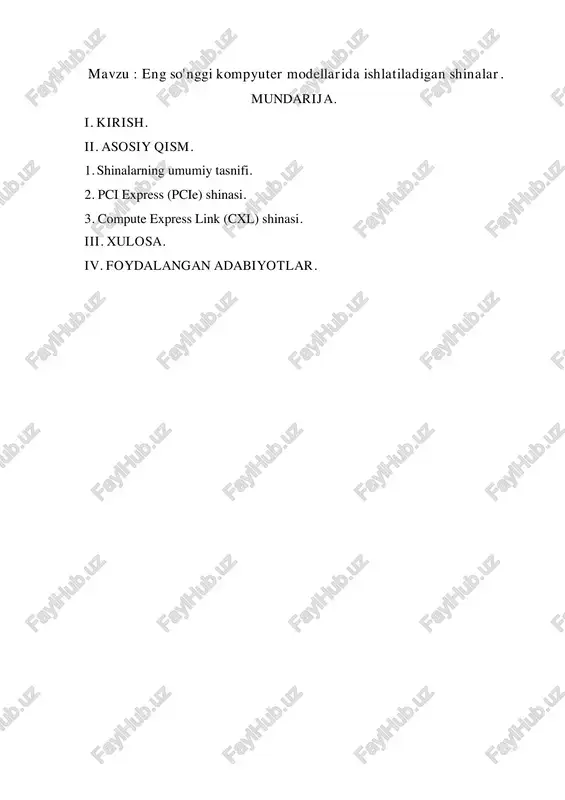 r va boshqa qurilmalar o‘rtasida buyruqlar, sinxronizatsiya va nazorat signallarini yuboradi. masalan, o‘qish (read), yozish (write), yoki uzilish (interrupt) signallari. 2. pci express (pcie) shinasi. pci express (peripheral component interconnect express) — bu zamonaviy kompyuterlarda eng keng tarqalgan yuqori tezlikdagi ketma-ket (serial) shina texnologiyasidir. u avvalgi pci va pci-x parallel shinalarining o‘rnini bosgan bo‘lib, kompyuter ichidagi qurilmalar (masalan, videokarta, tarmoq adapteri, nvme ssd disklari va acceleratorlar) o‘rtasida ma’lumot almashishni ta’minlaydi. pci express punkt-to-punkt arxitekturaga ega, ya’ni har bir qurilma (masalan, gpu yoki ssd) markaziy kontroller (root complex) bilan bevosita ulanishga ega bo‘ladi. bu esa eski parallel shinadagi kabi bir umumiy yo‘lni baham ko‘rish zaruratini yo‘q qiladi. ma’lumotlar lane (yo‘l) deb ataluvchi alohida kanallar orqali uzatiladi. har bir lane ikkita yo‘nalishga ega: biri ma’lumotni yuborish (transmit), ikkinchisi esa qabul qilish (receive) uchun ishlatiladi. qurilmalar x1, x4, x8, x16 kabi konfiguratsiyalarda bo‘lishi mumkin, bu esa qancha lane ishlatilayotganini bildiradi. masalan, x16 formatdagi …