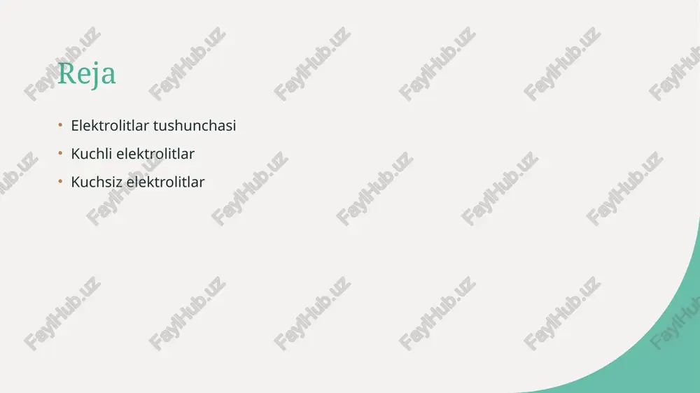 xos xususiyatlari. 01 kuchsiz elektrolitlar kuchsiz elektrolitlar, eritmada qisman ionlarga ajraladigan moddalar bo'lib, ularning ionlashish jarayoni cheklangan. bu, ularning ph darajasiga ta'sirini murakkablashtiradi. 02 ionlashish jarayoni kuchsiz elektrolitlar eritmada to'liq ionlashmaydi, shuning uchun ularning konsentratsiyasi past. masalan, sirka kislotasi (ch3cooh) kuchsiz elektrolit hisoblanadi. 03 ph darajasi kuchsiz elektrolitlar ph darajasiga kuchli ta'sir ko'rsatmaydi. ular phni o'zgartirishda kuchli elektrolitlarga nisbatan kamroq samarali. 04 amaliy qo'llanilishi kuchsiz elektrolitlar, masalan, ammoniy gidroksidi, muhim kimyoviy jarayonlarda va biologik tizimlarda rol o'ynaydi, ularning konsentratsiyasi nazorat qilinadi. elektrolitlar va suv: eritma muhitidagi roli. 1 suv va elektrolitlar suv, elektrolitlar uchun mukammal muhitdir, chunki u ionlarni erita va ularning harakatini osonlashtiradi, bu esa kimyoviy reaktsiyalarni tezlashtiradi. 2 ionlashish jarayoni elektrolitlar suvda ionlashadi, ya'ni molekulalar ionlarga ajraladi. bu jarayon, eritmada vodorod ionlari va boshqa ionlarning ko'payishiga olib keladi. 3 ph va suv suv muhitida elektrolitlarning mavjudligi ph darajasiga ta'sir qiladi. kuchli elektrolitlar phni pasaytirib, kislotali muhitni yaratadi, kuchsizlari …