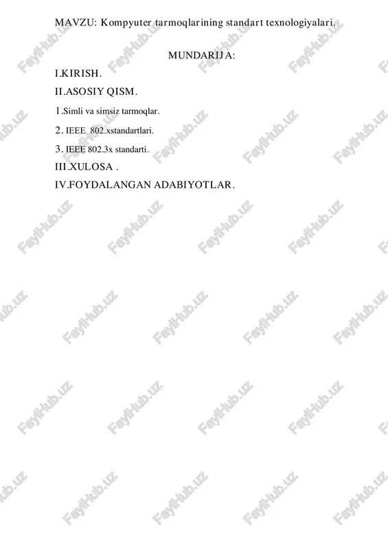 tlanish erkinligini ta'minlaydi, ammo ba'zan signal kuchi yoki tezlik jihatidan simli tarmoqlarga nisbatan kamroq ishonchli bo'lishi mumkin. 1-rasm. utp kabeli ko’rinishi. 2.ieee 802.x standartlari ieee 802.x standartlari — bu kompyuter tarmoqlari va telekommunikatsiya tizimlarida ishlatiladigan turli xil tarmoq texnologiyalarini ta'riflovchi xalqaro standartlar to'plamidir. ushbu standartlar, asosan, lokal va keng tarqalgan tarmoqlar (lan va wan) uchun belgilangan va tarmoqning turli darajalarida ishlov berish, uzatish va aloqa qilish usullarini o'z ichiga oladi. ieee 802.x standartlari har xil tarmoq texnologiyalari uchun maxsus bo'limlarga ajratilgan bo'lib, ularning har biri o'ziga xos xususiyatlarga ega. 1980 yilda ieee 802 lan standartlashtirish qo'mitasini tashkil etdi, natijada ieee 802.x standartlari oilasi qabul qilindi, bu esa lanning quyi pog‟onalarini loyihalash bo'yicha ko'rsatmalar beradi. keyinchalik ushbu qo'mita faoliyati natijalari iso 88021 x xalqaro standartlari to'plamiga asos bo'ldi. ushbu standartlar ethernet, arcnet va token ring uchun juda keng tarqalgan vendorlar standartlarga asoslangan edi. bugungi kunda 802 qo'mitasi quyidagi kichik qo'mitalarni o'z …