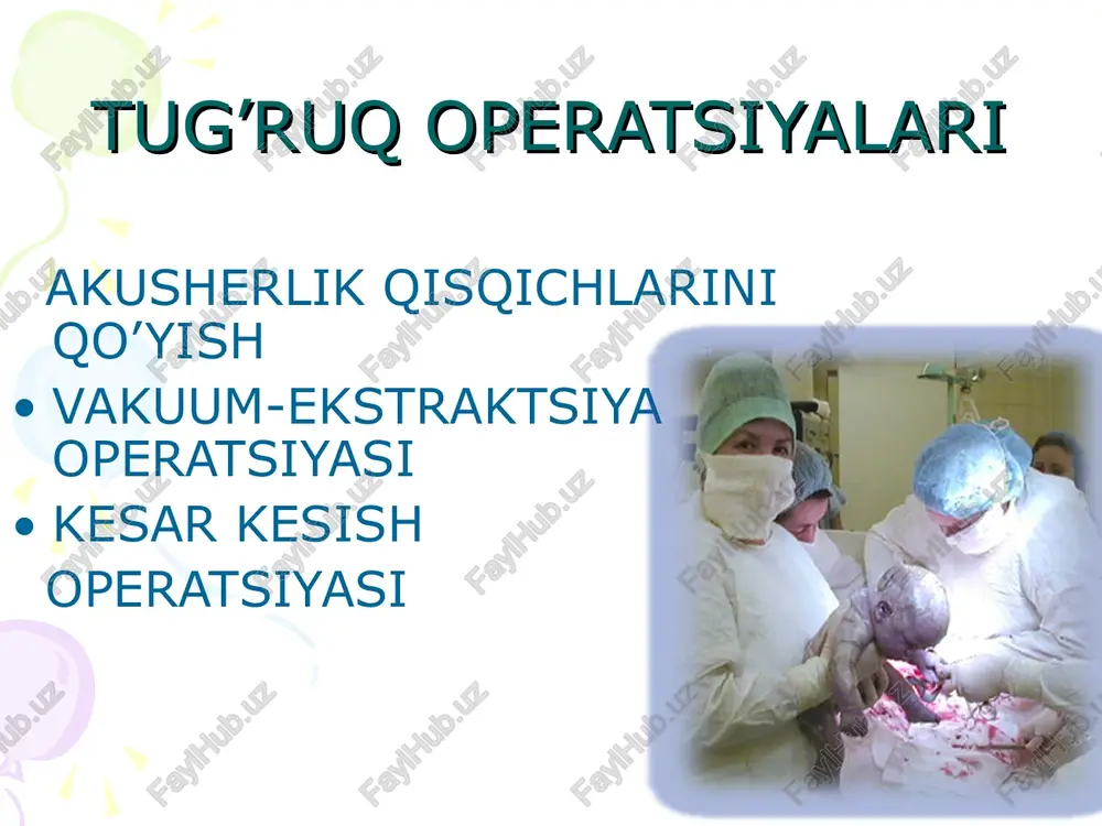oidasi !!! chap qo’l chap qisqich onaning chap tomoni o’ng qo’l o’ng qisqich onaning o’n tomoni tutashuv 1-qisqich qoshiqchalarini kiritish qisqich qoshiqchalarini juftlashtirish sinov maqsadidagi traksiyasi asil traksiya qisqichni olish yuz va bosh terisi jaroxati kuzatilishi mumkin. chakalok yuz nerv larining jaroxati sinish borligini aniklash maksadida chakalok yuz va bosh suyaklarining butunligini tekshirish. onadagi asoratlar turrukda yumshok tukimalarning yirtilishi va bachadon buyni, kin va oralik butunligini buzilishi, epiziotomiya kilingan bulsa. ba'zan bachadon yirtilishi mumkin, darxol xirurgik yondoshish kerak. akusherskie shiptsi. vakuum ekstraktsiya operatsiyasi operatsiya homilani vakuum-ekskrator aparatida tortib olish bilan kechadi vakuum-ekstraktor yaratilishi dastlab 1849-yil simpson aeroekstraktorni taqdim etgan 1954-yil yugaslav akusheri finderle aparatni ilk original modelini yaratadi 1956-yil malstrom o’zi yaratgan modelni taqdim qiladi k.chachava va d.vashakidzelar yangi va mukammallashgan ekstraktorni ixtiro qiladi model chachava-vashakidze tug’ruq kuchlarining uzoq davom etadigan sustligi homila asfiksiyasi boshlanganligi distress sindromi operatsiyaga ko’rsatma operatsiya shart-sharoitlari bachadon bo’yni to’la ochilganligi homila pufagining yo’qligi homila boshi …