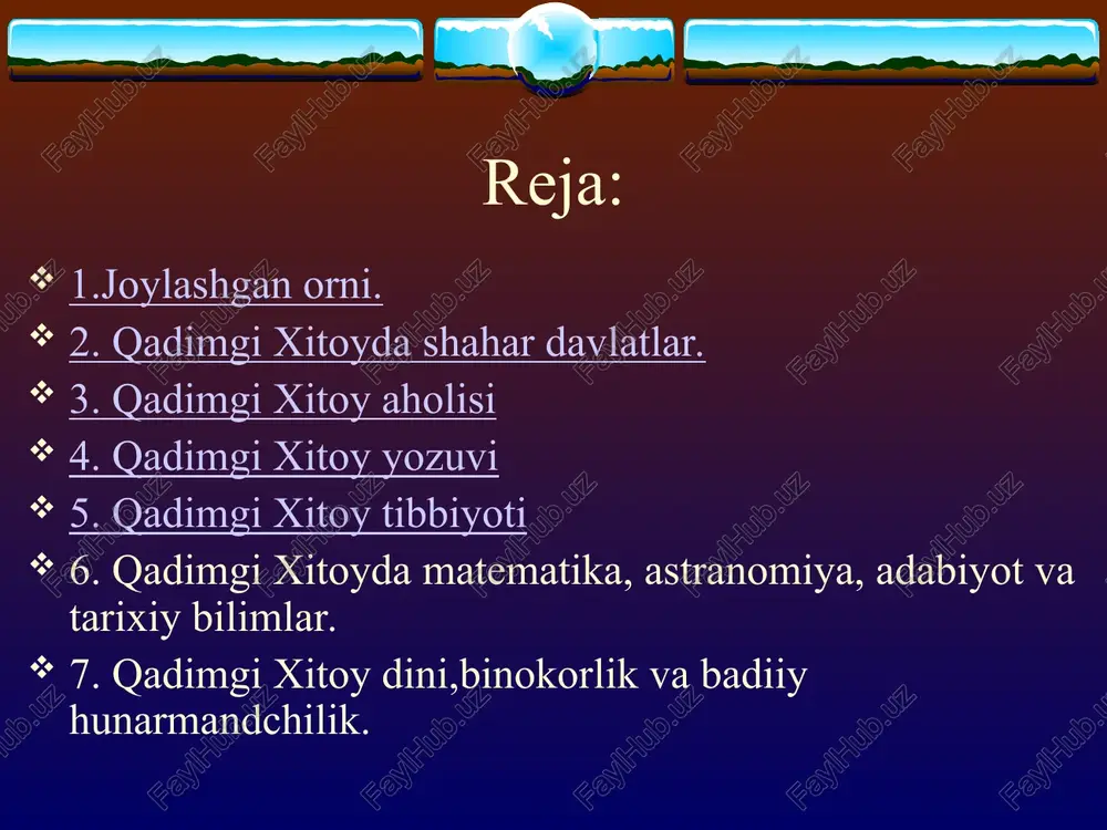ashay boshlaganlar.xitoyda bundan 600-400ming yillar ilgari yashagan sinantrop va lintyan kabi qazilma odamlarning makonlari va qoldiqlari topilgan. miloddan avvalgi v-iii ming yilliklarga kelib xuanxe daryosining o’rta oqimida dastlabki dehqonchilik vujudga kelib aholi daryo boyidagi kichik qishloqlar yashagan.ular dastlab tariq, arpa va bugdoy ekkanlar,chochqa va itlarni boqib kopaytirganlar.hunarmandlar kulolchilik bilan shugillanib, ajoyib sopol idishlar yasaganlar.miloddan avvalgi i ming yillik boshlariga kelib xuanxe daryosi soxilidagi yerlar kengroq o’zlashtirilib,tariq,bug’doy,sholi va sabzavot ekinlari ko’proq ekilgan.chorvachilik ham rivojlanib buqa,sigir,qo’tos,qo’y,echki, it va cho’chqalar boqilgan. shunday qilib, dehqonchilik, chorvachilik, hunarmanchilik va savdo-sotiqning rivoji aholi orasida mulkiy tengsizlik va tabaqalanishga olib kelgan.bu hol sharqiy xitoyda dastlabki davlatlarning vujudga kelishi uchun imkoniyat yaratgan. qadimgi xitoy yozuvi qadimgi xitoyliklar jaxon madaniyati xazinasiga ulkan hissa qo’shgan xalqlardan biridir.qadimgi xitoyliklar misr yozuvini eslatuvchi yozuvlar kashf etganlar. qadimgi xitoyliklar hozirgi kunimizdan 4-3,5 ming yil ilgari o’z yozuvini yaratganlar. qadimgi xitoy yozuvi misrliklarniki kabi ayrim belgilardan iborat iroglif yozuvi bo’lgan.har bir iroglif belgi butun …