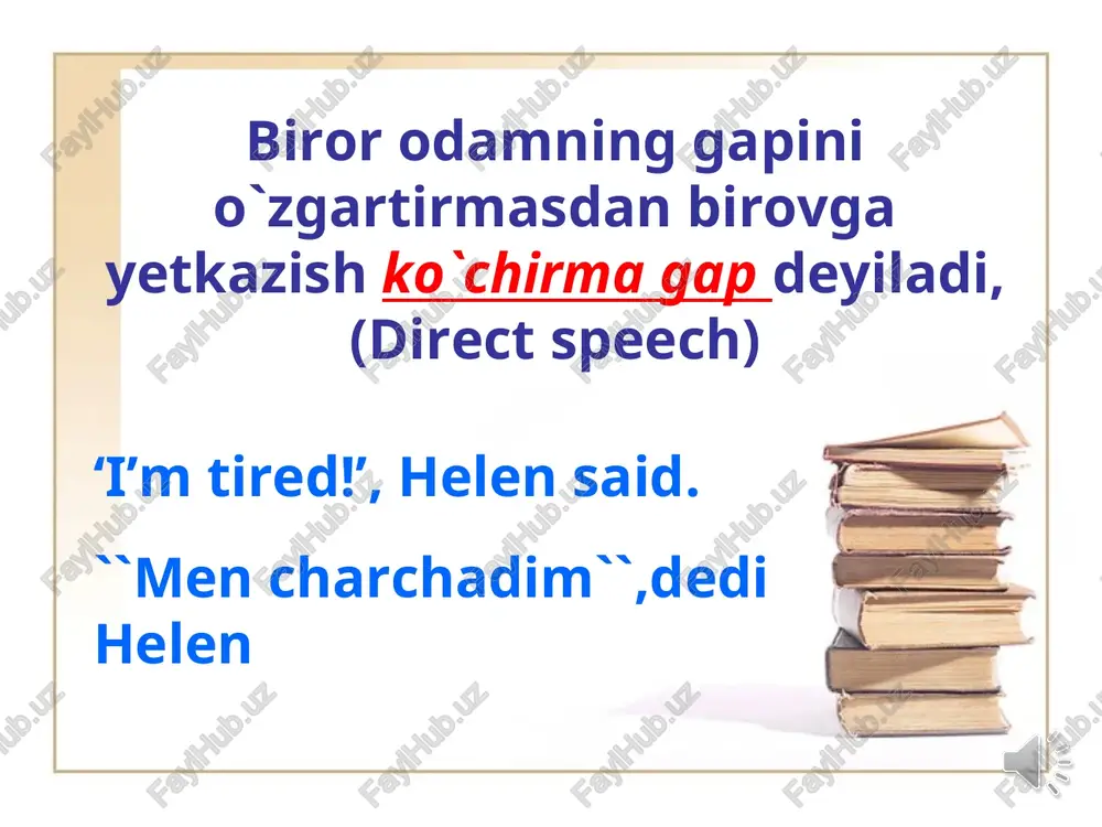 says he was going to study architecture) gap past perfect va past perfect continuousda bo`lsa zamon o`zlashtirma gapda o`zgarmaydi i had seen the picture before. he said that he had seen the picture before note: modal verbs (modal fellar)- could, would, might and should o`zgarmaydi ko`chirma o`zlashtirma gapdagi o`zgarishlar now then /at that time /immediately at that moment today / tonight that day /that night here there this / these that / those tomorrow the following day /the next day the day after next week the following week /the next week the week after yesterday the previous day /the day before last week the previous week /the week before (a year) ago (a year) before /earlier the day before yesterday two days before /earlier the day after tomorrow in two days’ time come go direct speech indirect/reported speech i you we me you us he, she i, she, he, we, …