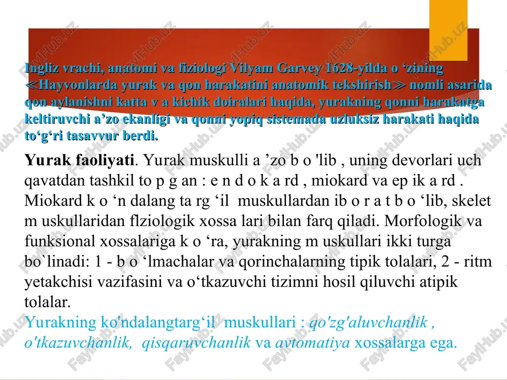oqimi. (a.v.korobkov, s.a.chesnokova, 1987). i – chap o'pkaga; ii – o'ng o'pkaga (strelkalar bilan qon oqimi yo'nalishi ko'rsatilgan). yurak tsikli fazalari.(a.v.korobkov, s.a.chesnokova, 1987). i – bo'lmacha; ii - qorincha; oqish rang bilan sistola va to'q rang bilan diastola ko'rsatilgan): a – assinxron qisqarish; b - izometrik qisqarish (a –b – kuchlanish fazalari); v –xaydash fazasi; g – protodiastolik davr; d – izometrik bo'shashish; e - qorinchalarning to'lish fazasi. yurak devori. gem.-eozin. i – endokard, ii – miokard, iii – epikard. 1 – endoteliotsit, 2 – elastik tolalar, 3 – silliq miotsit, 4 – miofibrillalar, 5 – oraliq disklar, 6 – qisqaruvchi kardiomiotsitlar, 7 – purkine tolalari, 8 – mezoteliotsit, 9 – lipotsit. miokard. gem.-eozin. markazda – o'tkazuvchi kardiomiotsitlar (purkine tolalari). elektrokardiografiya (klassik bipolyar yo'nalishlar). (a.v.korobkov, s.a. chesnokova, 1987): a – rasprostranenie po telu silovix liniy biotokov serdtsa – tana bo'ylab yurak biotoklarini kuchi liniyalarini tarqalishi; b – sxema, poyasnyayushaya razlichnuyu …
