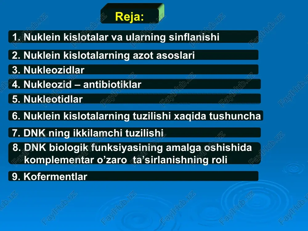 in 6 – merkaptopurin purin almashinuvida qatnashadi va nk lar sintezini barbod qiladi. 6-merkaptopurin – og'ir kechadigan leykozni, revmatoid artrit, surunkali gepatitni davolashda qo'llaniladi. guanin (2-amino-6-gidroksipurin) – adenin bilan birga o'simlik va hayvon to'qimalarida uchraydi. laktam – laktim tautomeriyaga ega: laktam shakli laktim shakli guanindagi –nh2 gurux ham –on ga almashib, ksantin xosil qiladi guanindezaminaza guanin ksantin nukleozidlar azotli asoslarning riboza yoki dezoksiriboza bilan hosil qilgan n – glikozidlari nukleozidlar deyiladi. uglevod qoldig'iga qarab nukleozidlar ikki turga bo'linadi: 1. ribonukleozidlar: uridin, tsitidin, adenozin, guanozin uridin adenozin 2. dezoksiribonukleozidlar: dezoksitimidin, dezoksitsitidin, dezoksiadenozin, dezoksiguanozin dezoksitimidin dezoksiguanozin nukleozidlar – inson va hayvon to'qimalarining hujayralarida bo'ladi. ular antibiotik faollikka ega. yangi paydo bo'lgan xavfli o'smalarni davolashda qo'llanilmoqda. nukleotidlar nukleotidlar – nukleozidlar bilan fosfat kislotadan hosil bo'lgan murakkab efirlardir. nukleotidlar o'zaro polimerlanib nk larning birlamchi tuzilishini xosil qiladi. ribonukleotidlar rnk ning, dezoksiribonukleotidlar esa dnk ning monomer birliklari hisoblanadi. adenozinmonofosfat dezoksiguanozin-5-fosfat biologik jarayonlarda ishtirok etadigan nukleotidlar: …