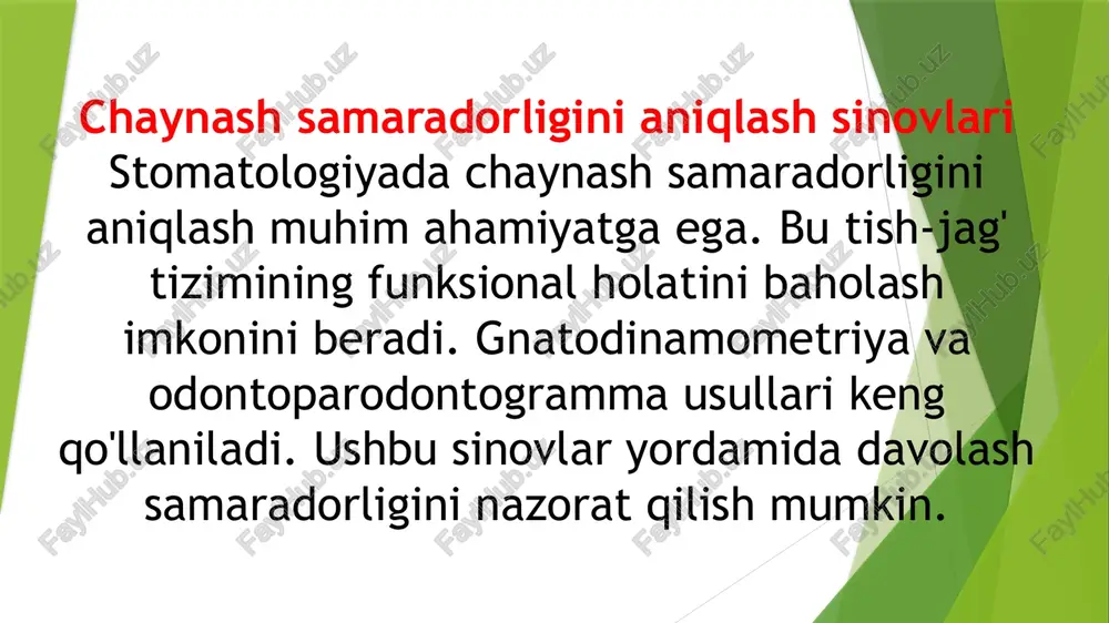 tomatologiyasi asoschilaridan biri hisoblanadi.asosiy ishlari:chaynash mexanikasini tushunish uchun modellar va simulyatorlar yaratgan.protezlarni bemorning individual chaynash odatlariga moslashtirish bo‘yicha ishlagan.2. charles f. e. duke (1930-yillar) – aqshlik tadqiqotchi hissasi:chaynash samaradorligini baholash uchun standart oziq-ovqat mahsulotlari va laboratoriya tahlillarini ishlab chiqqan.elak usuli (sieve test) ni chaynash samaradorligini o‘lchash uchun taklif qilgan.asosiy ishlari:oziq-ovqat qoldiqlarini elakdan o‘tkazib, qanchalik maydalanishini baholash usulini ishlab chiqqan.chaynash samaradorligini o‘lchash uchun oddiy va arzon usullar yaratgan.3. manly & braley (1950-yillar) – amerika olimlari.hissasi:rangli oziq-ovqat testi (color mixing test) ni ishlab chiqqan.chaynash samaradorligini optik va laboratoriya tahlillari orqali o‘lchash bo‘yicha ishlagan.asosiy ishlari:ikki xil rangdagi jele yoki mum aralashish darajasi bo‘yicha chaynash samaradorligini baholash usulini ishlab chiqishgan.o‘sha davrda chaynash samaradorligini aniq o‘lchash bo‘yicha ilg‘or usullarni taklif qilishgan.4. eino helkimo (1974) – finlyandiyalik tadqiqotchi.hissasi:helkimo index – temporomandibular disfunktsiyani baholash tizimini ishlab chiqqan.chaynash qobiliyatiga ta’sir etuvchi mushaklar va bo‘g‘im kasalliklari bo‘yicha tadqiqotlar olib borgan.asosiy ishlari:chaynash muammolarini o‘lchash uchun ob’ektiv va klinik mezonlar ishlab …