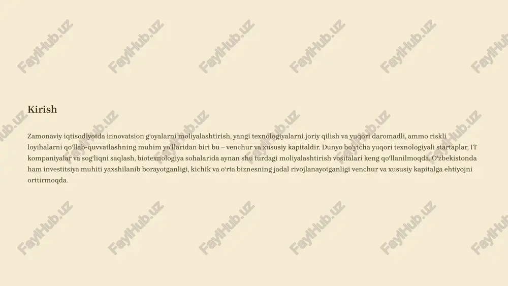 da yo'qotilishi mumkin, ammo muvaffaqiyatli investitsiyalar juda yuqori daromad keltiradi uzoq muddatli kutish daromad olish muddati odatda 5-10 yilni tashkil etadi, bu investordan sabr va strategik fikrlashni talab qiladi innovatsion yo'naltirilganlik asosan innovatsion va texnologik kompaniyalarga yo'naltiriladi, an'anaviy bizneslar kamroq jalb qilinadi faol ishtirok sarmoyador kompaniya boshqaruviga faol aralashadi, ko'pincha direktorlar kengashida o'z vakiliga ega bo'ladi 4 venchur kapital investitsiya bosqichlari venchur kapital investitsiyalari kompaniyaning rivojlanish bosqichlariga qarab turli xil ko'rinishlarda amalga oshiriladi. har bir bosqich o'ziga xos risk darajasi va investitsiya strategiyasiga ega bo'lib, bu jarayon startapning rivojlanish yo'lidagi muhim qadamlarni ifodalaydi. startap (seed) bosqichi bu bosqichda faqat g'oya mavjud, mahsulot hali yaratilmagan bo'ladi. investitsiya miqdori kichik, lekin risk darajasi eng yuqori. asosiy maqsad konseptni tasdiqlash va dastlabki prototipni yaratish. boshlang'ich rivojlanish (early stage) mahsulot tayyor, dastlabki sinovdan o'tgan va birinchi mijozlar paydo bo'lgan. bu bosqichda kompaniya o'z biznes modelini tasdiqlab, bozorga chiqishni boshlaydi. a va b seriyali investitsiyalar …