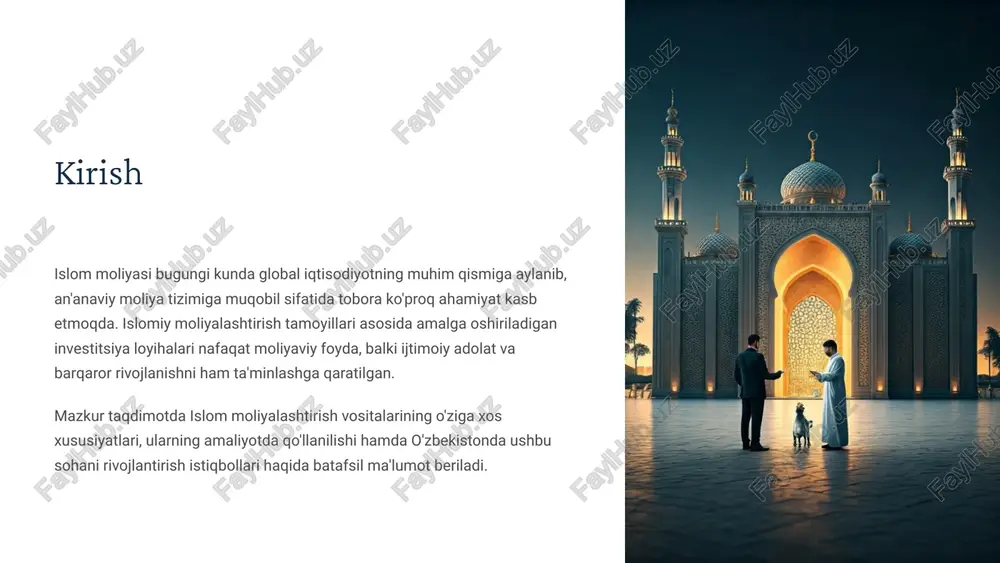 shartnoma shartlarini aniq tushunishi kerak. halol faoliyatga investitsiya qilish islom qonunlariga zid bo'lgan faoliyatlarga (spirtli ichimliklar, qimor, to'ng'iz mahsulotlari va boshqalar) investitsiya qilish taqiqlanadi. adolatli risk taqsimoti foyda ham, zarar ham sheriklar o'rtasida adolatli taqsimlanishi kerak. bir tomon barcha tavakkalchilikni o'z zimmasiga olishi mumkin emas. 4 islom moliyasining maqsadlari iqtisodiy adolat boylikning jamiyatda adolatli taqsimlanishini ta'minlash, ijtimoiy tabaqalanishni kamaytirish va barcha tomonlar uchun adolatli shartnoma munosabatlarini o'rnatish. ijtimoiy farovonlik jamiyatning barcha a'zolariga moliyaviy xizmatlardan foydalanish imkoniyatini yaratish, kambag'allikni kamaytirish va hayot sifatini oshirish. barqaror rivojlanish iqtisodiy faoliyat atrof-muhit va kelajak avlodlar manfaatlariga zarar yetkazmasdan, uzoq muddatli barqaror rivojlanishni ta'minlash. islom moliyasi tizimi oddiygina moliyaviy tizim emas, balki ijtimoiy adolat, barqaror rivojlanish va iqtisodiy barqarorlikni ta'minlashga qaratilgan keng qamrovli yondashuvdir. uning asosiy maqsadi iqtisodiy faoliyat orqali jamiyat farovonligini oshirishdir. 5 an'anaviy moliya va islom moliyasi o'rtasidagi farqlar an'anaviy moliya asosan foizga asoslangan daromad qarz oluvchi barcha risklarni o'z zimmasiga oladi pul …