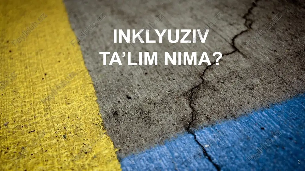 maqsad qilib olgan jarayondir. inklyuziv ta’lim ijtimoiy modelga asoslanadi va u muammoni bolada emas, balki dastur va metodologiyada deb hisoblaydi. bunday ta’lim tizimiga ba’zi bir o‘zgartirishlar kiritishni taqazo etadi. bunda har bir bolaning ehtiyojini hisobga olgan holda o‘quv rejalari tayyorlanadi, uslubiyotning psixologik muammolari bilan bog‘liq tomonlari to‘g‘ri yo‘lga qo‘yiladi. inklyuziv ta’lim hamma bolalarni, shu jumladan, nogiron bolalarni ham o‘zlari xohlagan maktabda o‘qishi mumkin, deb xulosa chiqaradi.bolaning nogiron bo‘lib qolishiga jamiyat, undagi muhit, tushunmovchiliklar, yo‘l qo‘yilgan xatolar sababchi bo‘lgan. demak, uning o‘qishi uchun ham shu jamiyatning o‘zi jon kuydirishi shart. rivojlanishning turli imkoniyatlariga ega bo‘lgan o‘quvchilar uchun har qanday kamsitilishni istisno qiladigan, barcha bolalarga teng munosabatda bo‘lishni ta’minlaydigan yagona moslashtirilgan ijtimoiy muhitni yaratish; jamoatchilik hamda ta’lim jarayonining barcha ishtirokchilarida alohida ta’lim ehtiyojlari bo‘lgan o‘quvchilar muammolariga nisbatan bag‘rikenglik munosabatini shakllantirish ta’lim jarayonida sog‘lom bolalar bilan bir qatorda alohida ta’lim ehtiyojlari bo‘lgan bolalarning aqliy va ijtimoiy salohiyatlarini rivojlantirish; barcha o‘quvchilar uchun davlat ta’lim …