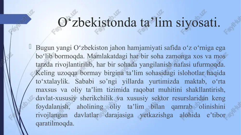oliyatini tashkil etish asosida oliy ta’lim bilan qamrov darajasini 50 foizdan oshirish, sohada sog‘lom raqobat muhitini yaratish; ❖o‘zbekiston milliy universiteti va samarqand davlat universitetini mamlakatimiz oliy ta’lim muassasalarining flagmaniga aylantirish; ❖respublikadagi kamida 10 ta oliy ta’lim muassasasini xalqaro e’tirof etilgan tashkilotlar (quacquarelli symonds world university rankings, times higher education yoki academic ranking of world universities) reytingining birinchi 1 000 ta o‘rindagi oliy ta’lim muassasalari ro‘yxatiga, shu jumladan, o‘zbekiston milliy universiteti va samarqand davlat universitetini birinchi 500 ta o‘rindagi oliy ta’lim muassasalari ro‘yxatiga kiritish; ❖oliy ta’lim muassasalarida o‘quv jarayonini bosqichma-bosqich kredit-modul tizimiga o‘tkazish; ❖xalqaro tajribalardan kelib chiqib, oliy ta’limning ilg‘or standartlarini joriy etish, jumladan, o‘quv dasturlarida nazariy bilim olishga yo‘naltirilgan ta’limdan amaliy ko‘nikmalarni shakllantirishga yo‘naltirilgan ta’lim tizimiga bosqichmabosqich o‘tish; ❖oliy ta’lim mazmunini sifat jihatidan yangi bosqichga ko‘tarish, ijtimoiy soha va iqtisodiyot tarmoqlarining barqaror rivojlanishiga munosib hissa qo‘shadigan, mehnat bozorida o‘z o‘rnini topa oladigan yuqori malakali kadrlar tayyorlash tizimini yo‘lga qo‘yish; ❖oliy …