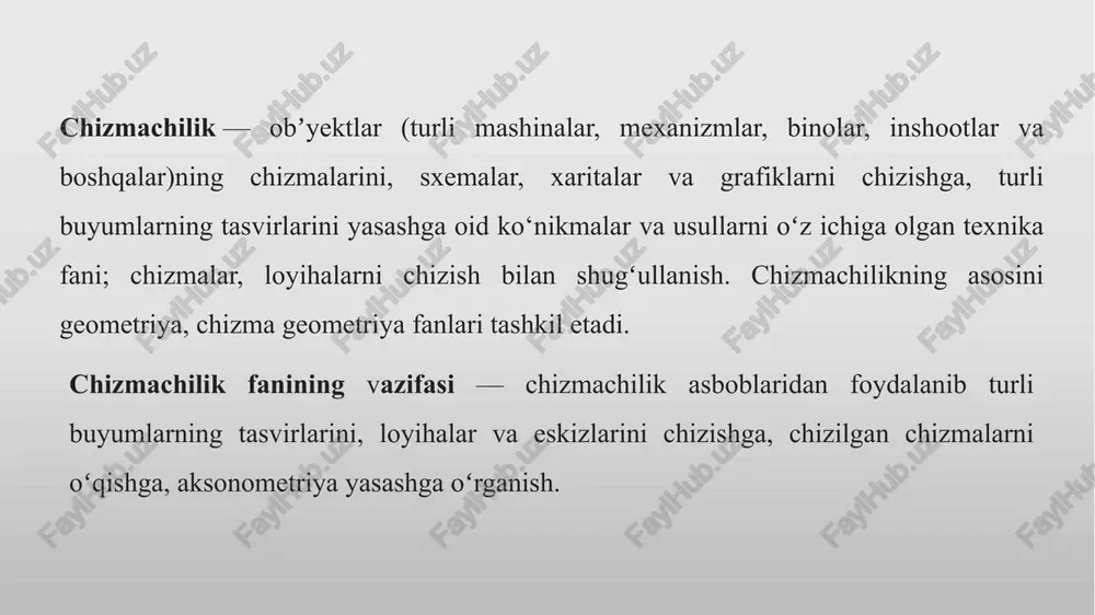 xanika, mashinasozlik, elektrotehnika): chizmachilik muhandislik g‘oyalarini aniq ishlanmalarga aylantiradi. konstruktiv yechimlar (masalan, val, ko‘nikma, ramka) chizmalar orqali ishlab chiqaruvchiga yetkaziladi. statika, dinamikani hisoblash natijalari chizmada o‘lcham va material tanlashiga ta’sir qilishi kerak. arxitektura: arxitektura reja, fasad, bo‘limlar va detallar orqali binoning funksionalligi va estetikasini belgilaydi. chizmachilik — arxitektura loyihasining texnik tilidir: qurilish chizmalari, detal chizmalar, montaj qoidalari. fizika va materialshunoslik: kuchlar, momentlar, deformatsiyalar, issiqlik va boshqa fizik jarayonlar konstruksiyalar shakli va o‘lchamiga ta’sir qiladi. materiallarning xossalari (siyosiy zichlik, elastik modul, mustahkamlik) chizma va texnik talablar bilan uzviy bog‘liq. geometriya va matematika: analitik va deskriptiv geometriya, trigonometrik munosabatlar chizma usullarining matematik asosini tashkil qiladi. ko‘chirishlar, burilishlar, o‘lchamlarni hisoblash — buning barchasi matematikaga taalluqli. texnologiya va ishlab chiqarish: texnologik jarayonlar (freze, tokarlash, payvandlash, qirqish) chizmada ko‘rsatilgan toleranslar, sirt sifati va material tanloviga cheklovlar qo‘yadi. chizmachilik ishlab chiqarish bilan uzviy bog‘liq. informatika (cad): kompyuter modellashtirish va hisoblash vositalari (cad) dizayn jarayonini tezlashtiradi, simulyatsiya …