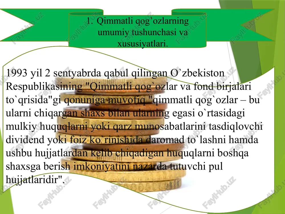 rga "qo`yidagilar kiradi: obligatsiyalar, veksellar, cheklar, depozit va jamqarma sertifikatlari, bankning taqdim qiluvchiga pul beriladigan jamqarma daftarchasi, konosament hamda qonun hujjatlari bilan qimmatli qog`ozlar jumlasiga kiritilgan boshqa hujjatlar". mulkiy huquq – bu u bo`yicha iqtisodiy o`zaro munosabatlar sub'ektlari mol – mulkka, tovar–moddiy boyliklariga, pul mablag`lariga da'vogarlik qilishi mumkin bo`lgan huquqdir. nomulkiy huquq – bu, masalan, aktsiyadorning kompaniyaning umumiy yig’ilishida ovoz berish, emitentning faoliyati haqida axborot berilishini talab qilish va q.k. huquqidir. aksiya aksiya – bu uning egasi aksiyadorlik jamiyati kapitaliga o’zining ma’lum hissasini qo’shganligiga qarab jamiyatning foydasidan dividend shaklida daromad olish huquqi borligiga guvohlik beruvchi qimmatbaho qog’oz. aksiyalarning mohiyati va turlari aksiya oʻzbekiston respublikasi “qimmatli qogʻozlar bozori” toʻgʻrisidagi qonunda belgilanishicha, aksiya – oʻz egasining aksiyadorlik jamiyati foydasining bir qismini dividendlar tarzida olishga, aksiyadorlik jamiyatini boshqarishda ishtirok etishga va u tugatilganidan keyin qoladigan mol-mulkning bir qismiga boʻlgan huquqini tasdiqlovchi, amal qilish muddati belgilanmagan, egasining nomi yozilgan emissiyaviy qimmatli qogʻoz. aksiyaning turlari …