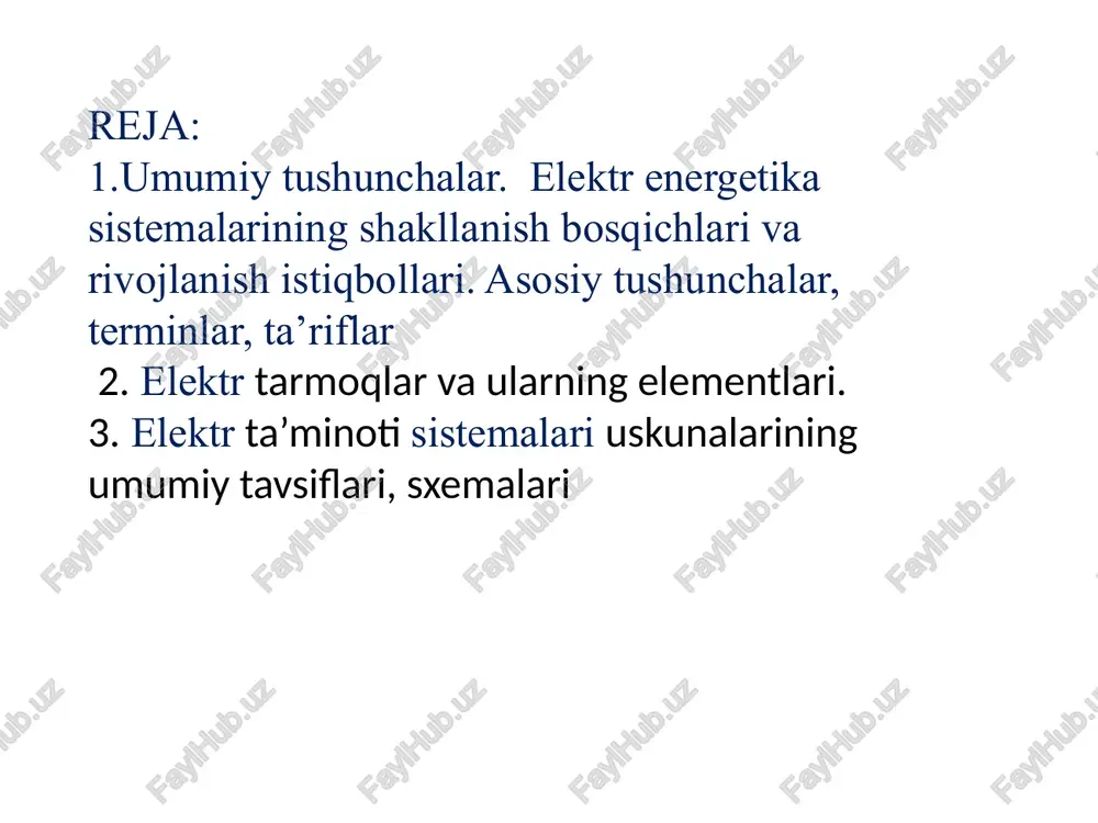 un xizmat qiladigan elektr uskunalar majmuidir. podstantsiyalar vazifasiga ko’ra transformatorli yoki o’zgartkichli – to’g’irlagichli, rostlovchi, dvigatel-generatorli bo’lishi mumkin. respublikamiz energosistemasida asosan transformatorli podstantsiyalar ishlatiladi. elektr ta’minot markazi (tm) – elektr tarmoq rejimlari (kuchlanishi) avtomat ravishda rostlab turiladigan elektr energiyasi manbai. bu elektrostantsiyalar bilan bir qatorda kuchlanishni yuklama ostida rostlovchi (kyuor) regulyatorlar, reaktiv quvvatlari rostlab turiladigan, chiziqli rostlagichlar va boshqa vositalar bilan jihozlangan podstantsiyalar shinalari bo’lishi mumkin. chorvoq gidroelektrostansiyasi. taqsimlash qurilmalari (tq) –barcha turdagi podstantsiyalar tarkibida bo’lgan elektr qurilmalar majmui; ma’lum bir (yoki bir necha) kuchlanishdagi elektr energiyasini qabul qilib, uni taqsimlash uchun mo’ljallangan elektr qurilmalar majmui. tq kommutatsion apparatlar, boshqarish, nazorat va o’lchash, ximoya - avtomatika vositalari va yordamchi qurilma hamda inshaotlaridan iborat bo’ladi. podstantsiyalardan tashqari elektr energiyasi taqsimlash punktlarida ham taqsimlanishi mumkin. taqsimlash punktlari – transformator podstantsiyasi tarkibiga kirmaydigan va bir xil kuchlanishdagi elektr energiyasini qabul qilish va taqsimlash uchun xizmat qiladigan qurilmalar majmuidir. transformatorli podstansiyaning taqsimlash qurilmalari. moyli, …
