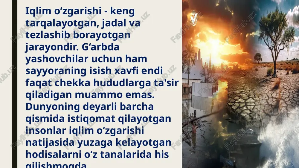 skin isish hodisasini keltirib chiqaradi. issiqxona effektini hosil qiluvchi asosiy gaz bu – karbonat angidrid. u atmosferaga ham tabiiy, ham sun'iy yo‘l bilan qo‘shiladi. metan, azot oksidi kabi boshqa iflos gazlar havoga inson omili tufayli chiqarilib, bular bir butun issiqxona effekti darajasini belgilaydi. iqlim o‘zgarishi o‘zbekistonda ham qator salbiy oqibatlarga olib kelyapti: harorat ko‘tarilishi natijasida suvning bug‘lanish koeffitsiyenti oshishi hududlarda suv resurslari kamayishiga, tanqisligiga ta'sir etmoqda; ekologik tanglik oqibatida yil davomida umuman yog‘ingarchilik bo‘lmagan kunlar soni ko‘paymoqda; tuproqning namligi kamayishi hisobiga takroriy qurg‘oqchilik xavfi ortmoqda va hosildorlik ko‘rsatkichlari tushib ketmoqda; etiboringiz uchun raxmat 10 image1.jpeg image2.png image3.jpeg image4.jpeg image5.png image6.jpeg image7.png image8.jpeg