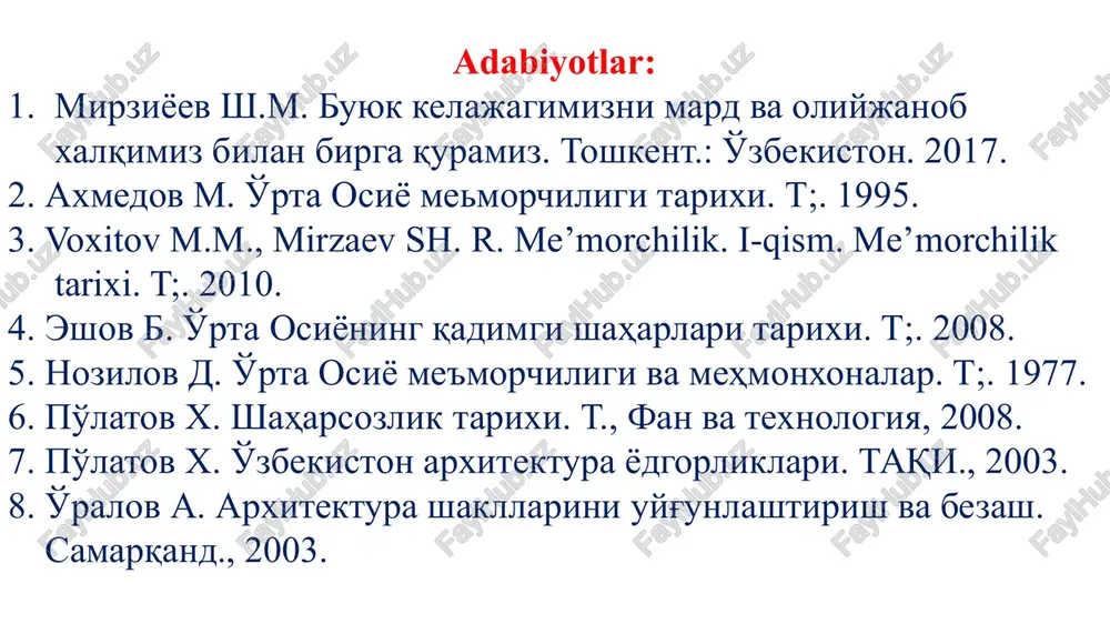 ojining yuksak chog‘ini boshdan kechirdi. masjidlar, madrasalar, maqbaralar va saroylar qurilishi kuchaydi . 3 xix asr xix asrda o‘rta osiyo me’morchiligida yevropa uslublarining ta’siri sezila boshladi. turli funksional binolar qurildi . 4 xx asr xx asrda o‘rta osiyo me’morchiligi sovet arxitekturasining ta’siriga uchradi. bu davrda ko‘plab funksional va industrial binolar qurildi . 5 xxi asr xxi asrda o‘rta osiyo me’morchiligida zamonaviy uslublar, eko-texnologiyalar va milliy an’analarni qo‘shib o‘rganish boshlandi . 8 me’morchilik xalq arxitekturasida bino va inshootlarning qurilish san'atini ifodalovchi atamadir. me'morchilik bino va inshootlar qurishning o‘ziga xos texnikasini, san'atini, xalq tarixini, uning ijtimoiy-siyosiy qudratini, diniy va dunyoviy qarashlarini, madaniy-maishiy hayotini ma’lum shaklda mujassam etadi. me’mor — binokor usta; bino va inshootlarning loyihasini yaratuvchi va ularning qurilishini nazorat qilib boruvchi bosh mutaxassisdir. arxitektura (lot.) me’morchilik san'ati inson ijodiy faoliyatining qurilish bilan bog'liq bo‘lgan alohida turidir, u mehnorchilik san'ati tarixi, qonuniyatlari, nazariyasi, binolarning turi va uslubi, kompozitsiyasi kabi qator masalalarni o‘rganuvchi …