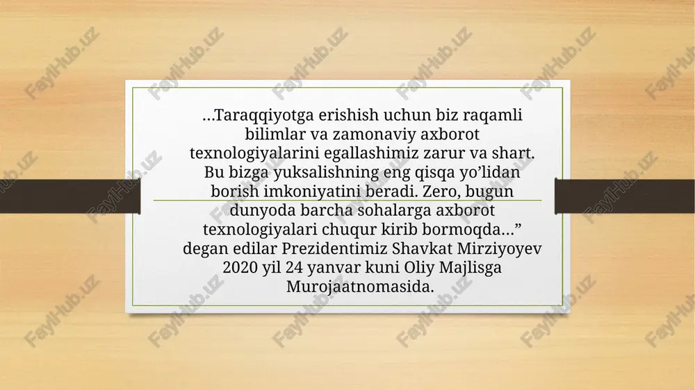 shni nazarda tutadi va ta’lim imkoniyatlaridan samarali foydalanishlari uchun o’quvchilarga sharoit yaratish hamda sifatli ta’lim olishdan teng foydalanishni ta’minlaydi raqamli maktab elektron ta’lim mazmuniga bepul kirishni nazarda tutadi va har bir o’quvchining qobiliyatlarini hisobga olgan holda o’quv jarayonini individuallashtirishga keng imkoniyatlarni yaratadi. ta’lim jarayonlarini raqamlashtirish maqsadlari: - ta’lim faoliyatining ochiqligi va shaffofligini ta’minlash; - ta’lim tizimida o’quv, ilmiy, ma’muriy va moliyaviy jarayonlarni avtomatlashtirish; - tahliliy ma’lumotlarni sahkllantirish va qaror qabul qilish jarayonini optimallashtirish va tezlashtirish; - ta’lim jarayoni ishtirokchilari faoliyati samaradorligini monitoring qilish; - ta’lim jarayonini boshqaruvchi (ish beruvchi), o’qituvchi va o’quvchi o’rtasida uzviylikni ta’minlash; - ta’lim jarayonida byurokratik to’siqlar yuzaga kelishini oldini olish va moliyaviy xarajatlarni qisqartirish; - boshqaruv jarayonlari uchun sarf qilinadigan vaqtni qisqartirish va mehnat samaradorligini oshirish. image5.png image6.png image7.png image3.png image4.png /docprops/thumbnail.jpeg