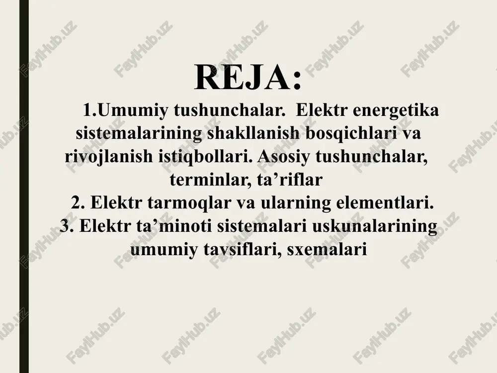 r uskunalar majmuidir. podstantsiyalar vazifasiga ko’ra transformatorli yoki o’zgartkichli – to’g’irlagichli, rostlovchi, dvigatel-generatorli bo’lishi mumkin. respublikamiz energosistemasida asosan transformatorli podstantsiyalar ishlatiladi. elektr ta’minot markazi (tm) – elektr tarmoq rejimlari (kuchlanishi) avtomat ravishda rostlab turiladigan elektr energiyasi manbai. bu elektrostantsiyalar bilan bir qatorda kuchlanishni yuklama ostida rostlovchi (kyuor) regulyatorlar, reaktiv quvvatlari rostlab turiladigan, chiziqli rostlagichlar va boshqa vositalar bilan jihozlangan podstantsiyalar shinalari bo’lishi mumkin. chorvoq gidroelektrostansiyasi. taqsimlash qurilmalari (tq) –barcha turdagi podstantsiyalar tarkibida bo’lgan elektr qurilmalar majmui; ma’lum bir (yoki bir necha) kuchlanishdagi elektr energiyasini qabul qilib, uni taqsimlash uchun mo’ljallangan elektr qurilmalar majmui. tq kommutatsion apparatlar, boshqarish, nazorat va o’lchash, ximoya - avtomatika vositalari va yordamchi qurilma hamda inshaotlaridan iborat bo’ladi. podstantsiyalardan tashqari elektr energiyasi taqsimlash punktlarida ham taqsimlanishi mumkin. taqsimlash punktlari – transformator podstantsiyasi tarkibiga kirmaydigan va bir xil kuchlanishdagi elektr energiyasini qabul qilish va taqsimlash uchun xizmat qiladigan qurilmalar majmuidir. transformatorli podstansiyaning taqsimlash qurilmalari. moyli, elegazli va vakuumli …