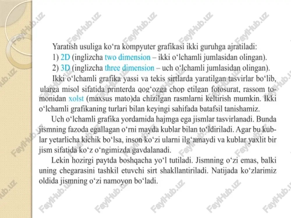 grafika matematik hisoblashlar asosida tasvirlarni avtomatik yaratish uchun qo’llaniladi. shuning uchun ham uning asosi sifatida rasm, shakl, tasvir hosil qilishning dasturlash usuli tanlangan. bu grafika, odatda, turli jarayonlarni modellashtirish, tahlil qilish, turli qiziqtiruvchi dasturlar yaratishda keng qo’llaniladi. uyga vazifa image2.png image3.png image4.png image5.png image6.png image7.png /docprops/thumbnail.jpeg