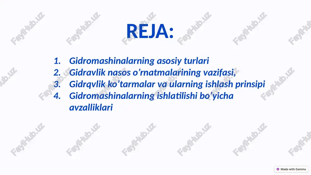 'tarish uchun ishlaydi. harakatlanish suyuqlik bosimi orqali harakatni amalga oshiradi. muvozanatni saqlash yuklarni barqaror va xavfsiz ko'tarish imkonini beradi. 7 gidravlik stanok jihozlari va ularning vazifasi cnc freza turli detallar yasash uchun ishlatiladi shprits gidravlik detallar va materiallarni quyish uchun qo'llanadi gidravlik press materiallarni shakllantirish va rezka qilish uchun xizmat qiladi gidravlik kovsh yuklarni ko'tarish va joyini o'zgartirish uchun ishlatiladi 8 gidravlik uzatmalar va ularning xususiyatlari samaradorligi gidravlik uzatmalar yuqori samaradorlikka ega va kam energiya sarflaydi. harakatlanish aniqlig suyuqlik bosimi orqali harakatlanish yuqori aniqlikka ega. yukni ko'tarish qobiliyati gidravlik uzatmalar og'ir yuklar va mashinalarni ko'tarishga qodir. 9 gidromashinalarning ishlatilishi bo'yicha afzalliklari yuqori unumdorlik gidromashinalar katta quvvat uzatish qobiliyatiga ega va samarali ishlab chiqarish uchun mo'ljallangan. chidamliligi gidromashinalar yomon iqlim sharoitida ham ishlay olish imkoniyatiga ega. avtomatlashtirilganligi gidromashinalar aniq va yuqori tezlikda ishlay oladigan avtomatik tizimlar bilan jihozlangan. 10 xulosa dolzarbligi gidromashinalar zamonaviy sanoatda juda muhim vazifa bajaradilar. rivojlanish istiqbollari gidromashinalar …