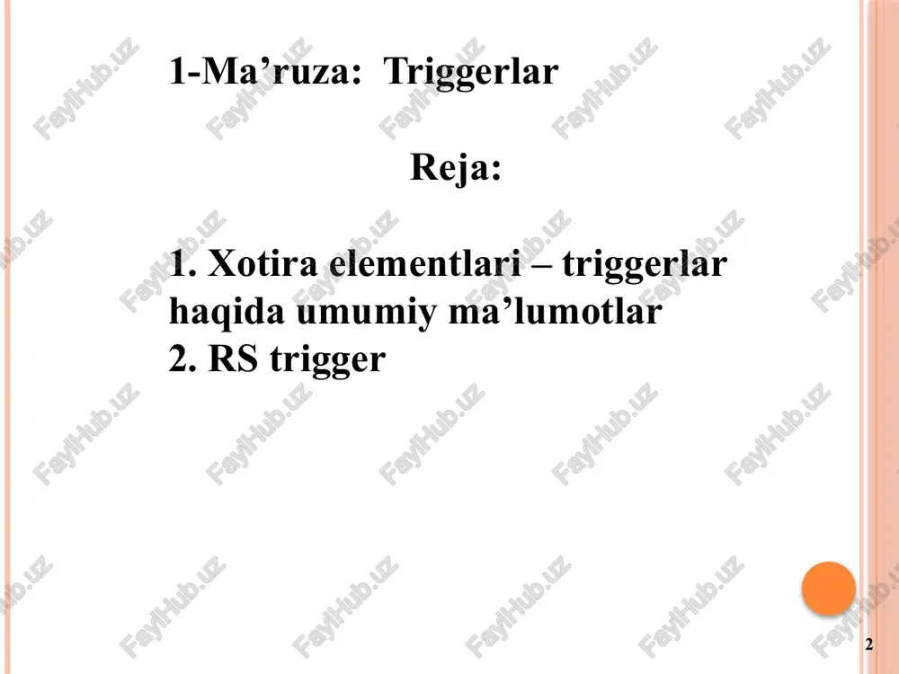 lash mumkin. informatsiyani qabul qilishi bo'yicha: asinxron va sinxron triggerlar mavjud. asinxron triggerlar informatsion kirishlarida signallarning paydo bo'lish momentida o'z reaksiyalarini ko'rsatadi. o.n.norboyev 8 rs trigger triggerda axborot kirishlari mavjud r va s, shuningdek axborot chiqishlari: to'g'ridan-to'g'ri q va teskari . rs-tregger (yoki rs-trigger) — bu mantiqiy elementlardan tashkil topgan ikki barqaror holatli qurilma. u bir bitli ma’lumotni (ya’ni “0” yoki “1”) saqlash uchun ishlatiladi. u ikkita asosiy kirishga ega: kirish r (inglizcha reset so'zidan ) triggerni mantiqiy 0 holatiga o'rnatadi , s kiritish (inglizcha set so'zidan) triggerni mantiqiy 1 holatiga o'rnatadi . ikkita chiqish mavjud: q — asosiy chiqish q̅ (q invers) — qarama-qarshi chiqish (agar q=1 bo‘lsa, q̅=0) o.n.norboyev 9 rs trigger 1.2-rasm. rs triggerni shartli belgilanishi va sxematik ko’rinishi o.n.norboyev 10 1.3-rasm. rs trigger tranzistorlarda tuzilishi o.n.norboyev 11 1.4-rasm. rs trigger tranzistorlarda tuzilishi o.n.norboyev 12 rs triggerni haqiylik jadvali o.n.norboyev 13 1.5-rasm. rs trigger vaqt diagramasi o.n.norboyev …