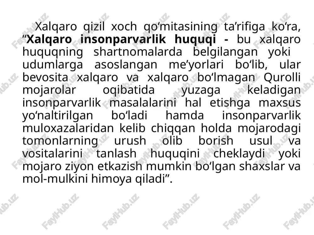 urush olib borilayotgan chog‘da zarur bo‘lgan taqdirda “qurolli kuchlarning sanitar xizmatlariga o‘z tasarrufidagi barcha vositalar bilan yordam” ko‘rsatishi lozim bo‘lgan qo‘mita tuzish to‘g‘risidagi tarixiy qaror qabul qilindi. shu tufayli 1863 - yilning 29 oktabrida qizil xochning tavallud sanasi hisoblanadi. dyunan urush paytida “yaradorlarga yordam beradigan va ularga qaraydigan yoki yordam berish va qarashni tashkil qiladigan ko‘ngilli jamiyatlar tuzish to‘g‘risida”gi taklifni ko‘tarib chiqdi. xalqaro insonparvarlik huquqining mazmuni quyidagilardan iborat: 1). urush harakatlariga qatnashmayotgan yoki qatnashishni to‘xtatgan shaxslarga hujum qilish ta’qiqlanladi; 2). jang qilayotgan va fuqaro shaxslarni bir-biridan ajratmasdan jarohatlaydigan qurollarni, shuningdek, haddan ortiq azob-uqubat yoki shikast etkazadigan qurol va urushish usullarini qo‘llash ta’qiqlanadi. shartnomaga xos me’yorlar shartli ravishda 4 guruhga bo‘linadi: 1-guruh. urushdan jabrlanganlarni himoya qilish to‘g‘risidagi shartnomalar aslida “insonparvarlik” huquqini belgilaydi va “jeneva huquqi” deb ataladi. jeneva huquqining asosiy hujjatlariga 1949 yil i-ii-iii-iv- jeneva konvensiyalari va 1977 yildagi qo‘shimcha protokollar kiradi. 2- guruh. 2 - guruhga kiritilgan va “gaaga huquqi” …