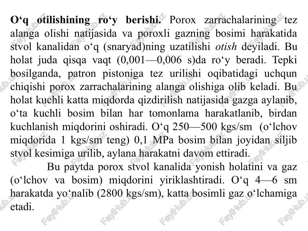 i bosib o‘tib, nishonni shikastlash va o‘ldirish (halok qilish) holatlarini tezlashtirish bilan bir qatorda, havodagi uchishi davomida esa, tashqi sharoit ta’sirida tezligini qisqartiradi. o‘qning boshlang‘ich tezligini oshirishi stvolning uzunligiga, o‘q va porox zarrachalari og‘irligiga hamda boshqa omillarga bog‘liq bo‘ladi. qurolning stvoli qancha uzun bo‘lsa (amaliyotda aniqlangan), porox va bosim qancha ko‘p bo‘lib harakatlansa, o‘qning boshlang‘ich tezligi shuncha ortadi. 2. o‘q traektoriyasi (harakatlanish yo‘li)ning hosil bo‘lishi.o‘qning teshib o‘tish va shikastlash ta’siri. to‘g‘ri o‘q otish va uning ahamiyati. yashirin joy, o‘q tegadigan (shikastlantiradigan) maydon va o‘q tegmaydigan maydon. avtomat stvolidan otilgan o‘qlarning burchak balandligi aniq belgilangan holatda bo‘lishi lozim. o‘qning havodagi uchish davri bir yo‘nalishda bo‘ladi. bu yo‘nalishni esa o‘qning uloqtirish yo‘nalishi deyiladi. o‘q havoda uchish davri mobaynida og‘irlik kuchiga, havoning qarshiligiga duch keladi. og‘irlik kuchi eng kuchlisi hisoblanib, uloqtirish yo‘nalishidagi o‘qni katta kuch bilan pastga tortadi, havoning qarshiligi esa uchish tezligini pasaytirib, o‘qning bosh qismini orqaga qaytarishga harakat qiladi. shu ikki …
