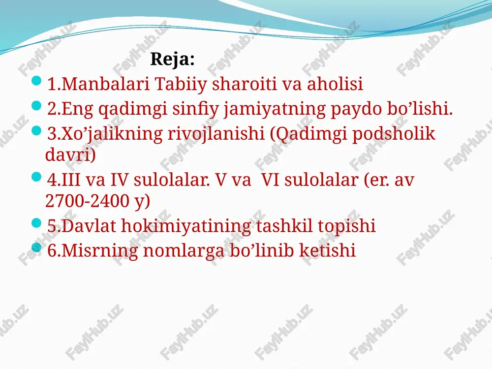 i kelib chiqqan. qadimgi misr tarixi quyidagi davrlarga bo’linadi: 1. sulolalargacha bo’lgan birinchi davr (er.avv. iv ming yillikning i yarmi) urug'chilik munosabatlari yemirilishining boshlanishi. 2. sulolalargacha bo’lgan ii davr yoki gerzey davri (er.avv. iv ming yillikning ii yarmi)ijtimoiy tengsizlikning paydo bo’lishi, ilk sug'orish inshootlarining paydo bo’lishi, ilk nom birlashmalarining tashkil topishi. davr oxirida yuqori va quyi misr davlatlarining paydo bo’lishi. 3. ilk podsholik i-ii umummisr sulolalarining boshqaruvi. yagona umummisr davlatlarining paydo bo’lishi. (er.avv. xxxi-xxix asrlar). 4. qadimgi podsholik davri iii-iv sulolalar hukmronligi (er.avv. xxviii-xxiii asrlar). 5. o’tish davri. (vii-viii sulolalar, xxiii-xxi ). yagona misr davlatining nomlarga parchalanishi. 6. o’rta podsholik davrida markazlashgan misr davlatining tiklanishi. xi-xiii sulolalar boshqaruvi (xxi-xviii asrlar). 7. ii o’tish davri (xiv-xvii sulolalar.) xviii asr oxiri – xvi asr boshlari) misrning zaiflashuvi. 8. yangi podsholik davri. xviii-xx sulolalar hukmronligi. (er.avv. xvi-xi asrlar) misr jahon davlatining paydo bo’lishi. 9.iii o’tish davri. (xxi sulola xi-x asrlar) misrning tushkunligi. 10. …